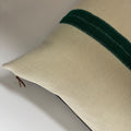 Handcrafted Cream Wool Pillow: Green Stripe, Leather Zipper Pull