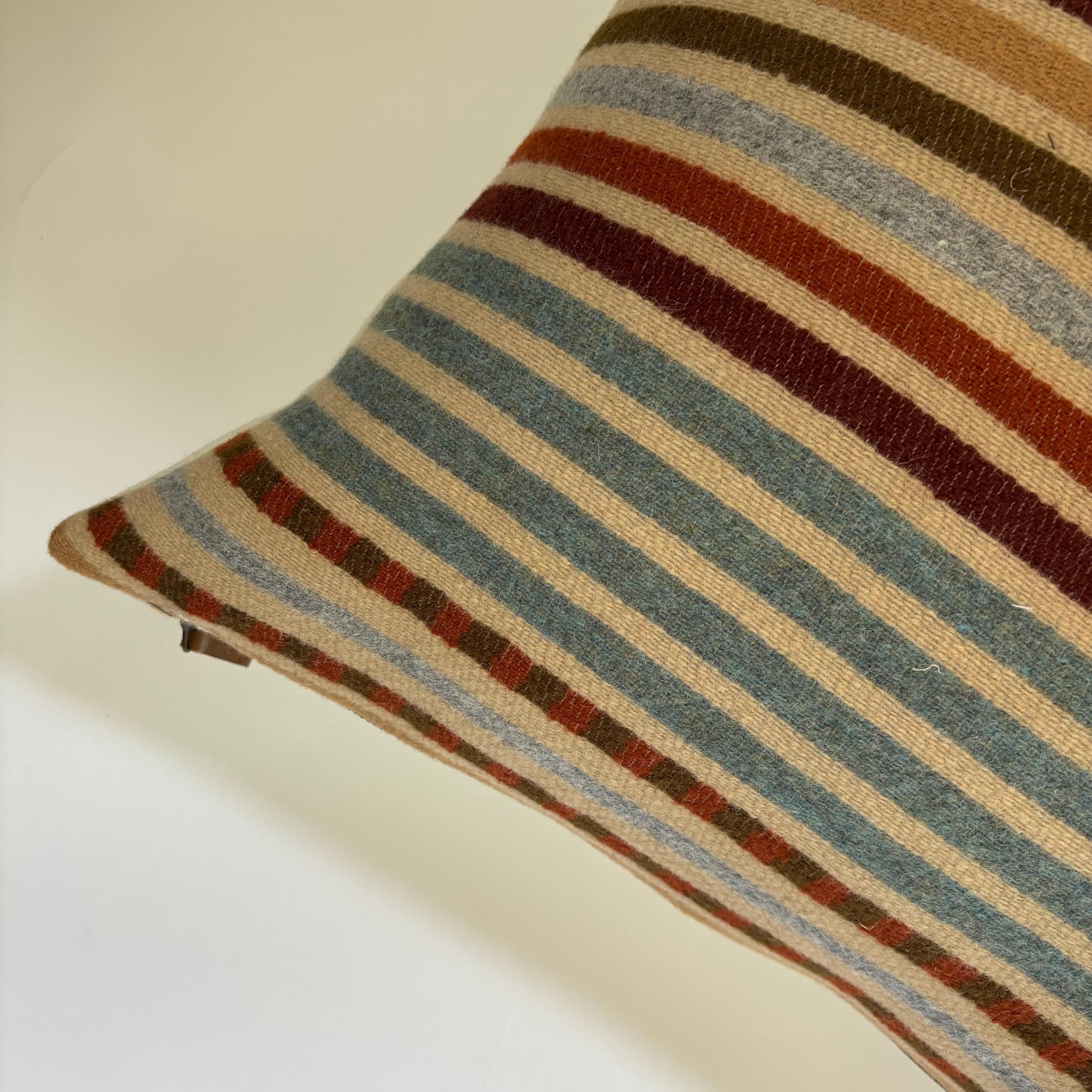 Wool Pillow Cover: Tans and rust striped Aztec Design, Leather Pull (20x20)