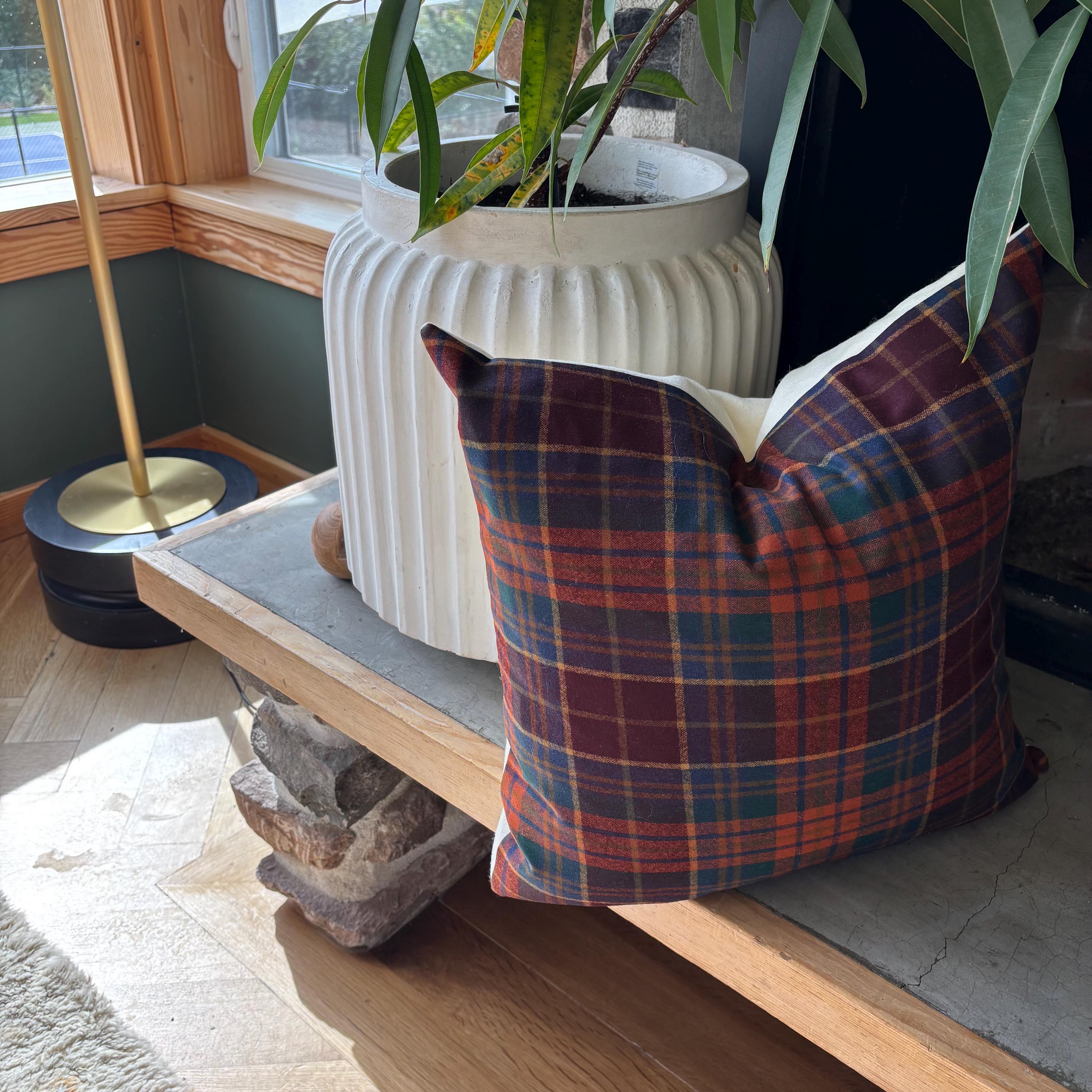 wool plaid pillow cover with reds blue and orange fall pillow 18”20”22”24” 14x24 housewarming gift