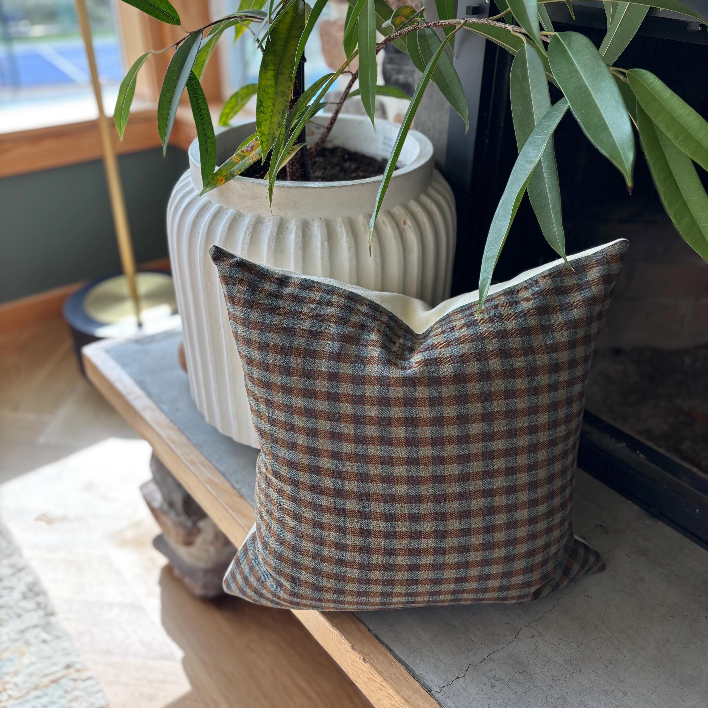 plaid pillow greens and browns wool fall pillow 18”20”22”24” 14x24 housewarming gift