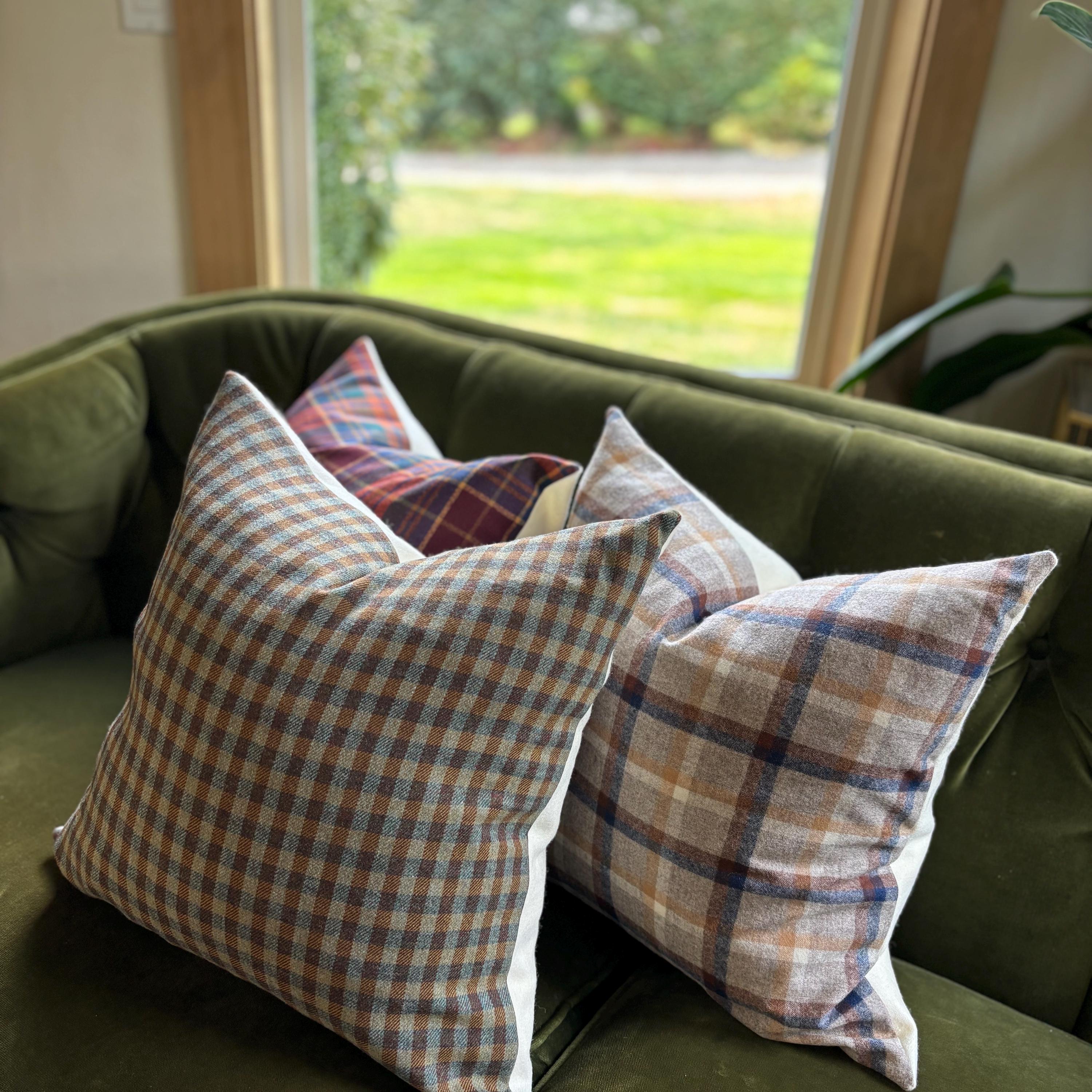 wool plaid pillow cover blue and browns fall pillow 18”20”22”24” 14x24 housewarming gift
