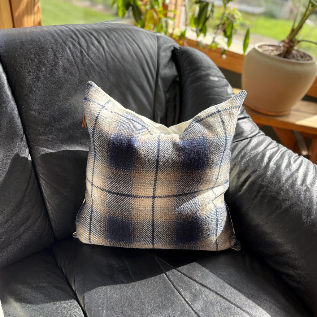 plaid pillow blue and brown wool fall pillow 18”20”22”24” 14x24 housewarming gift