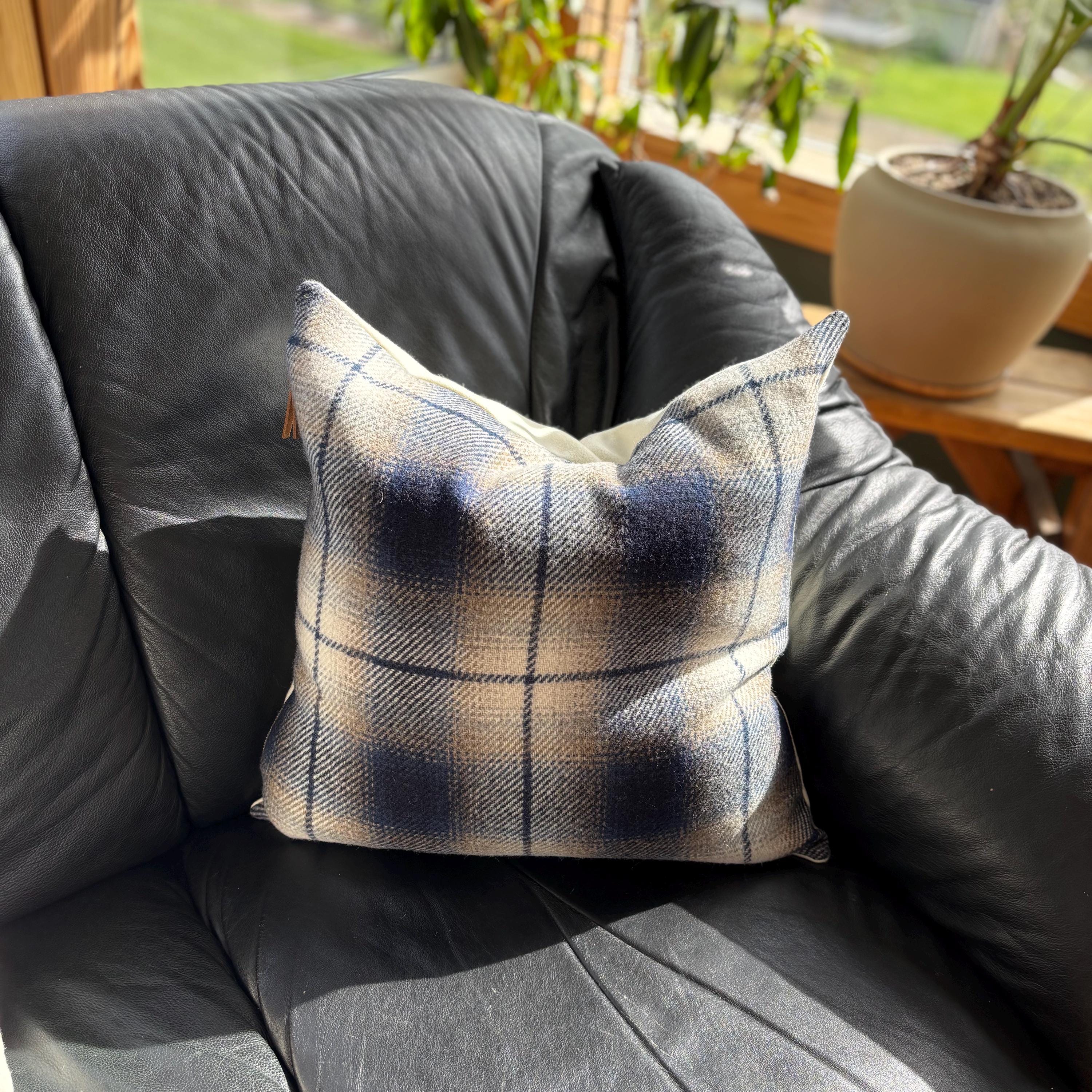 plaid pillow blue and brown wool fall pillow 18”20”22”24” 14x24 housewarming gift