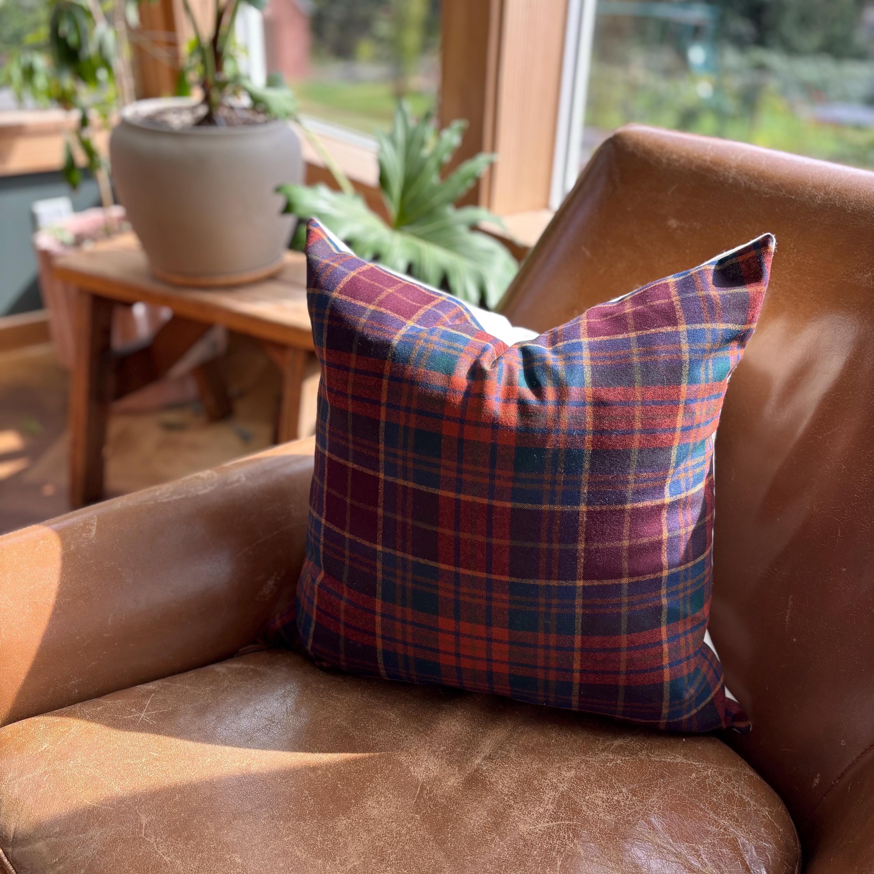 wool plaid pillow cover with reds blue and orange fall pillow 18”20”22”24” 14x24 housewarming gift