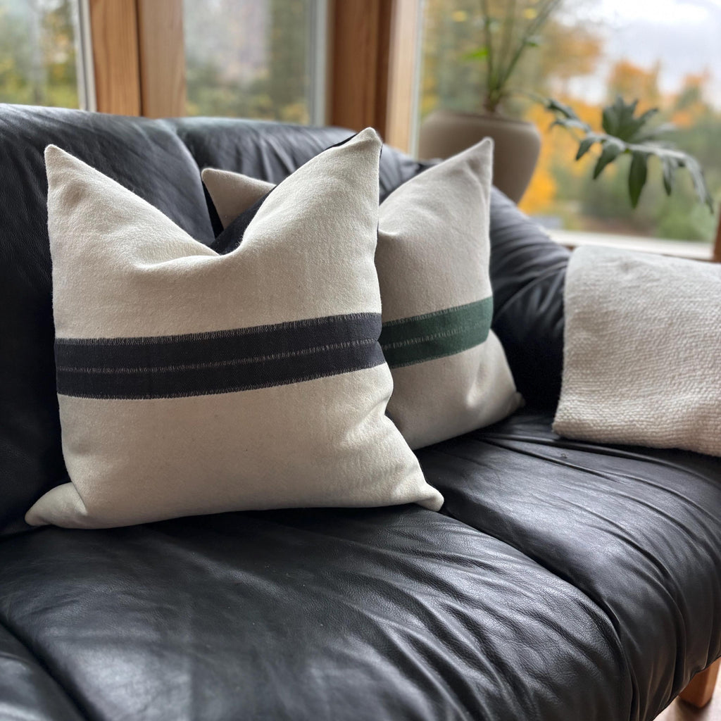 Gray wool pillow with green stripe 20” winter wool exposed zipper striped pillow housewarming gift