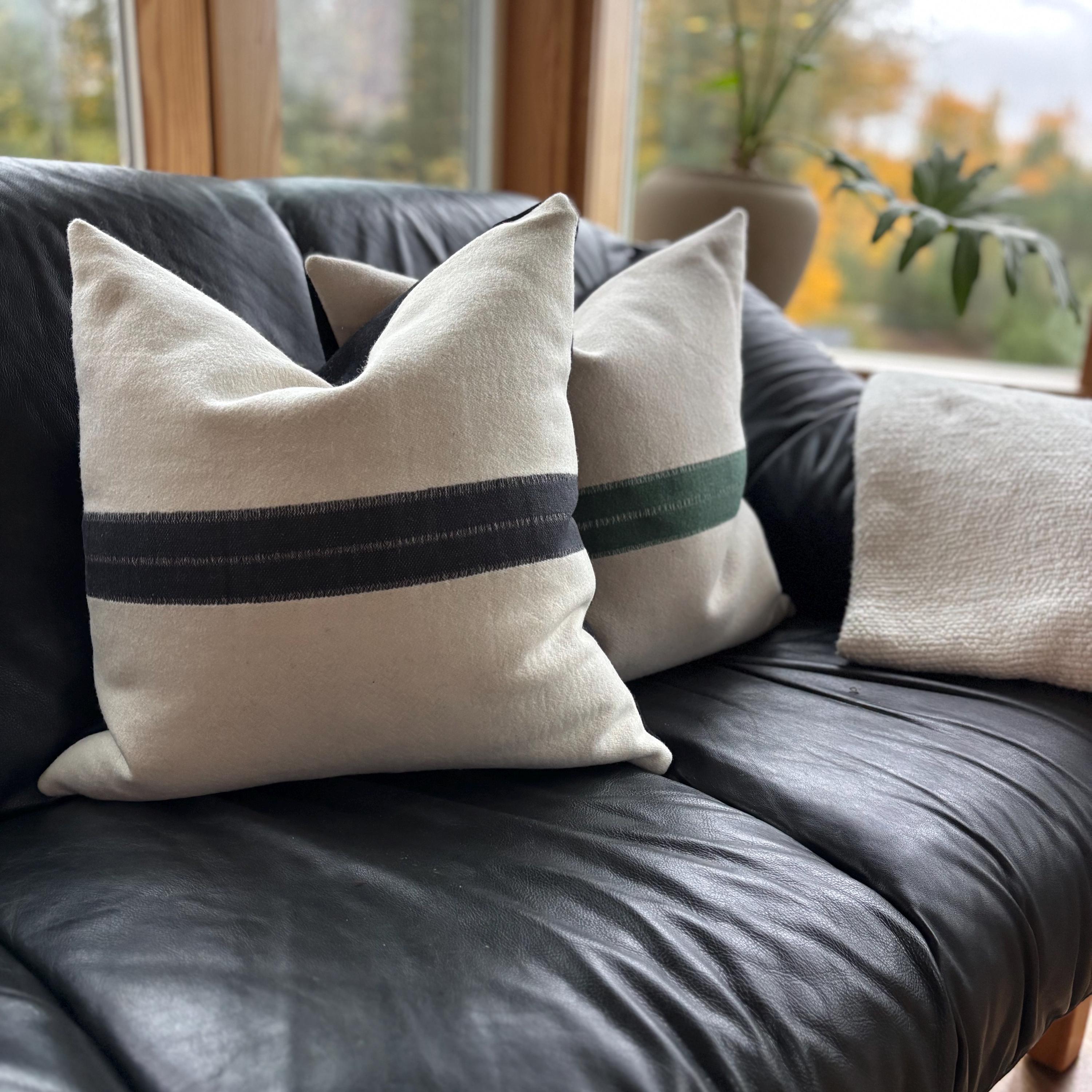 Gray wool pillow with green stripe 20” winter wool exposed zipper striped pillow housewarming gift