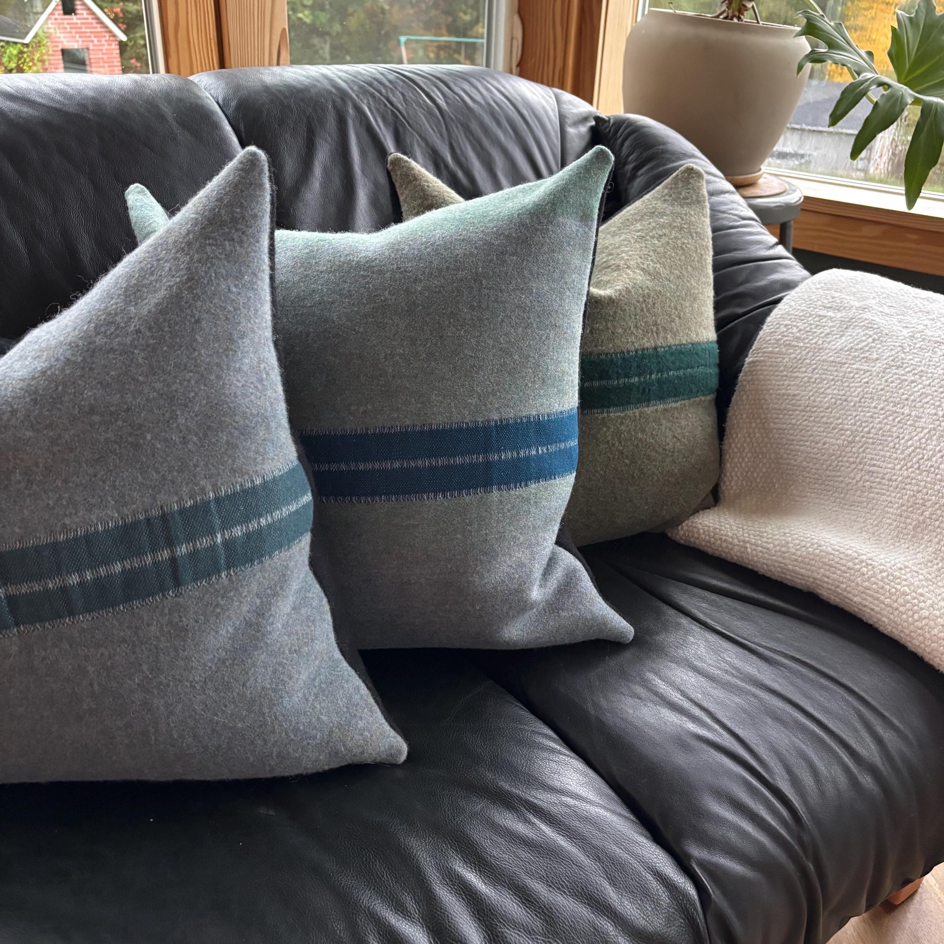 Green wool pillow: Green 18” Stripe, Leather Zipper Pull winter pillow housewarming gift