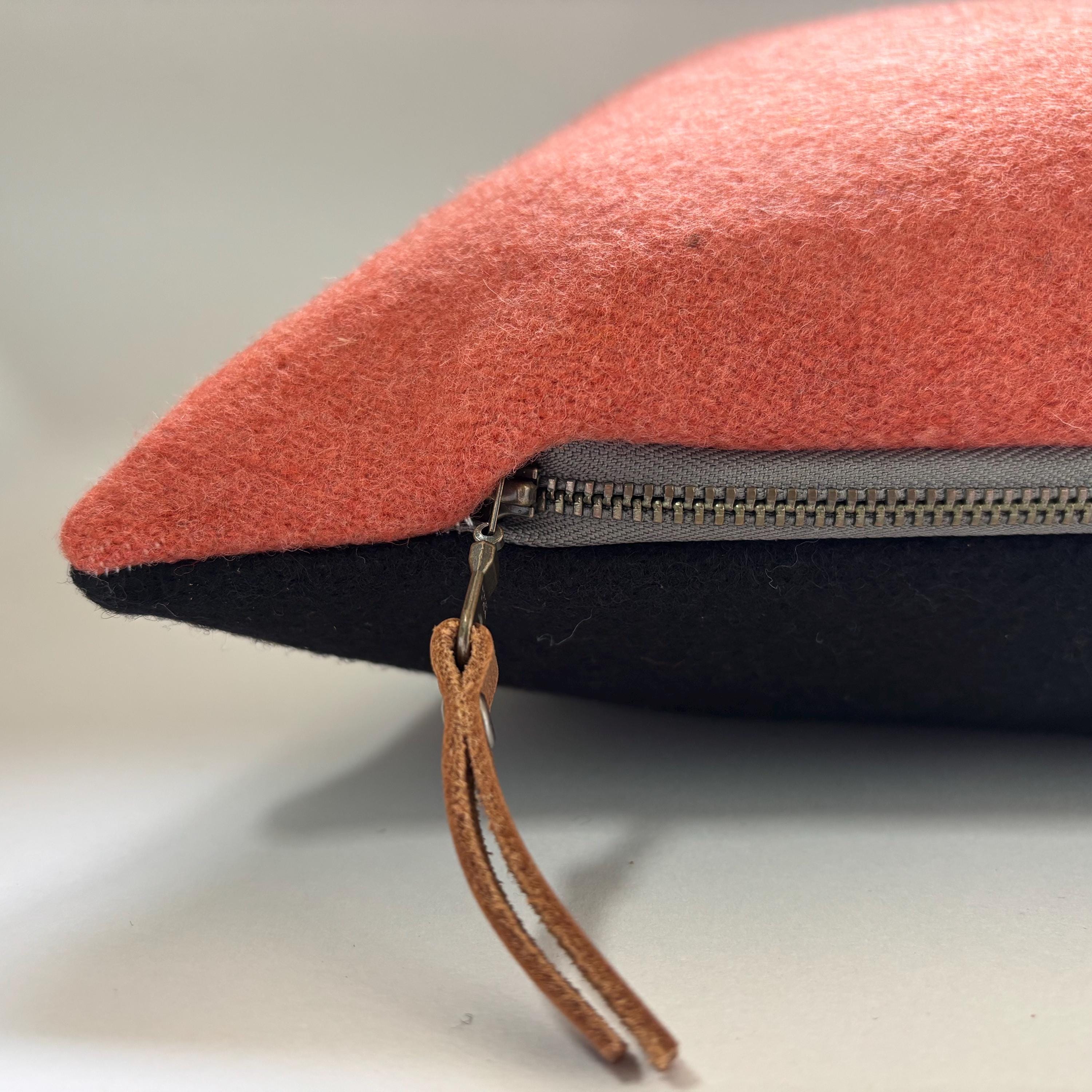 Wool coral pillow with blue stripe 18x18 exposed zipper striped pillow housewarming gift winter gift