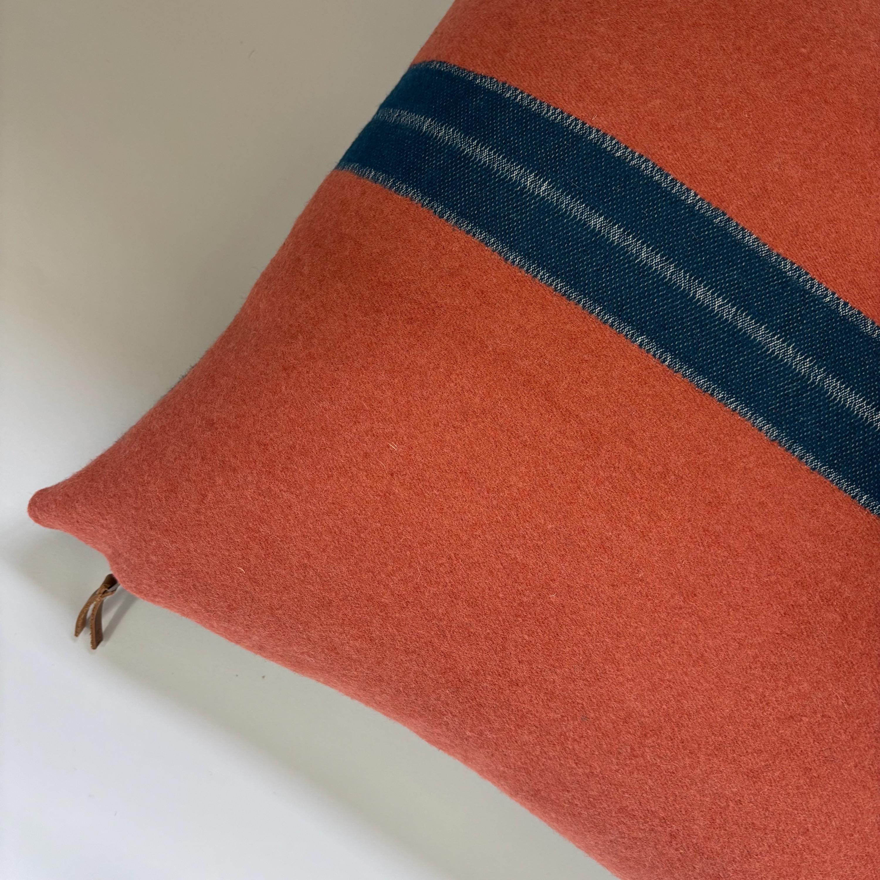 Wool coral pillow with blue stripe 18x18 exposed zipper striped pillow housewarming gift winter gift
