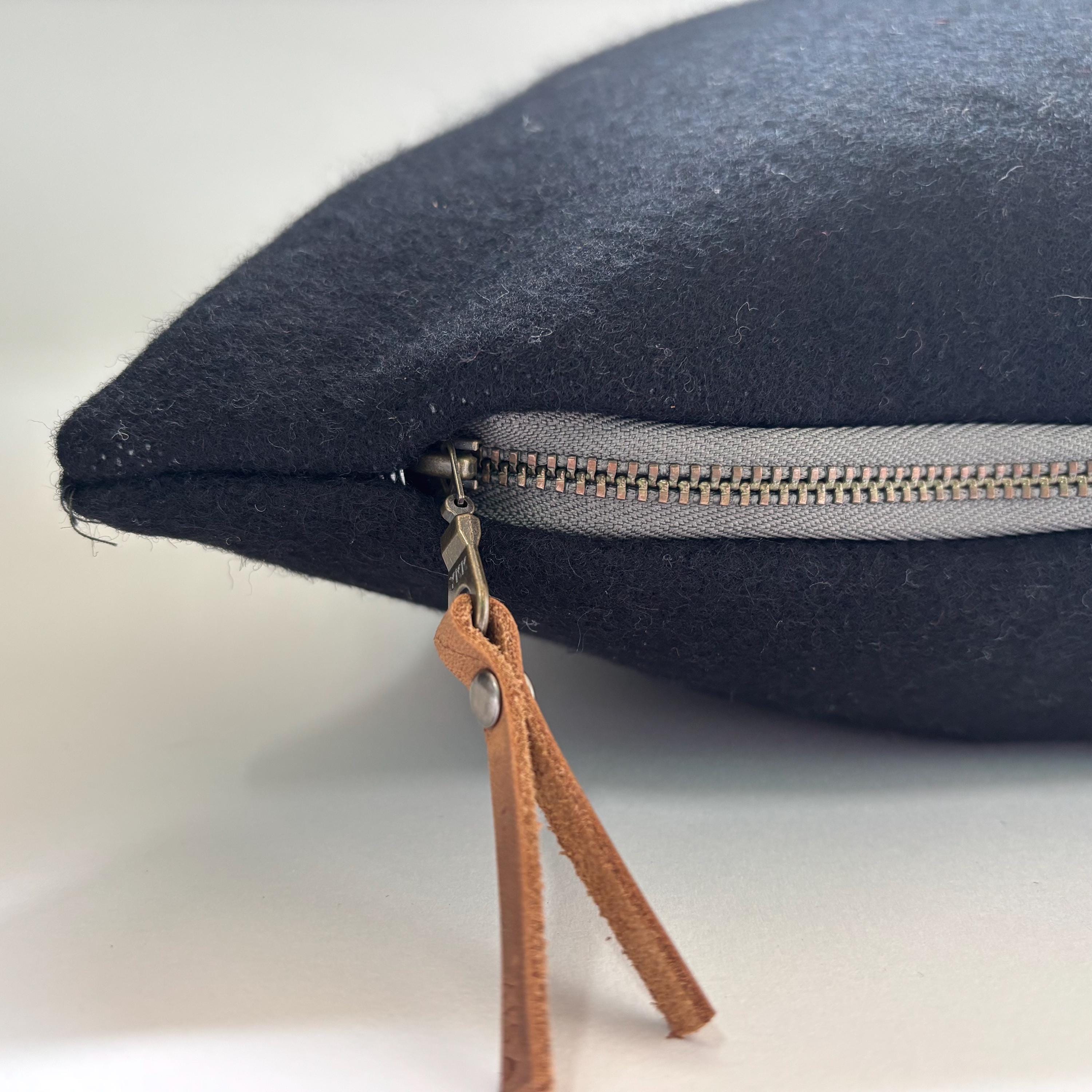 Black wool pillow with tan stripe 18” winter wool exposed zipper striped pillow housewarming gift