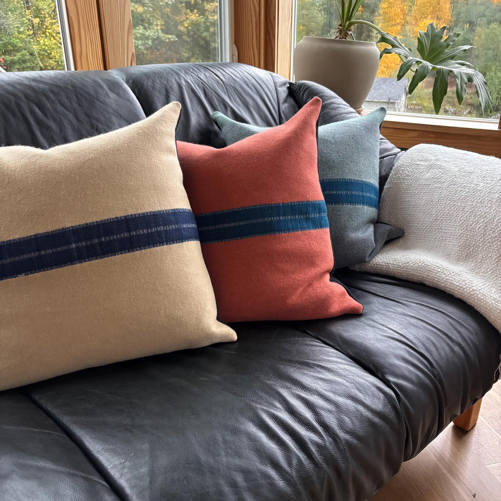 Wool coral pillow with blue stripe 18x18 exposed zipper striped pillow housewarming gift winter gift