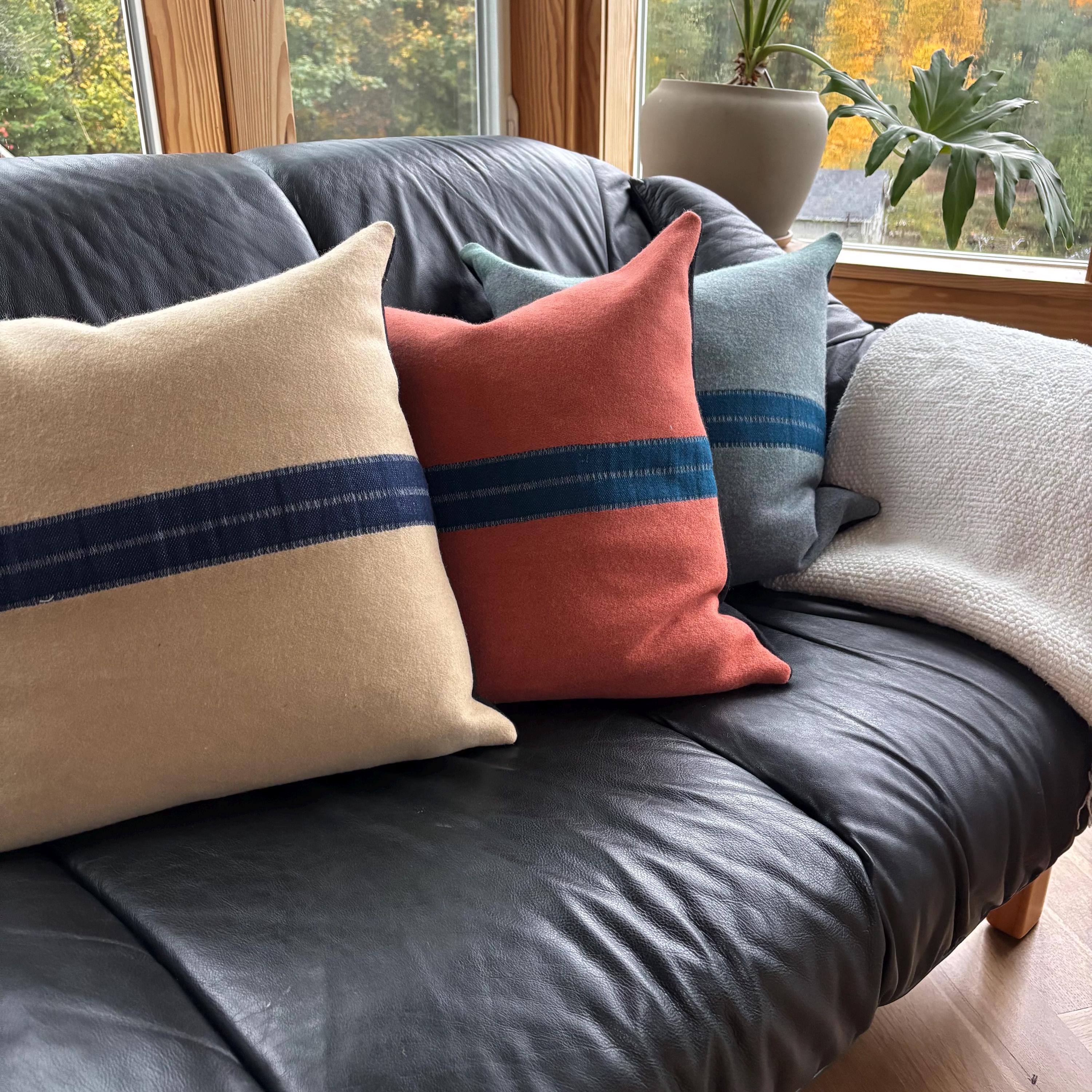 Wool coral pillow with blue stripe 18x18 exposed zipper striped pillow housewarming gift winter gift