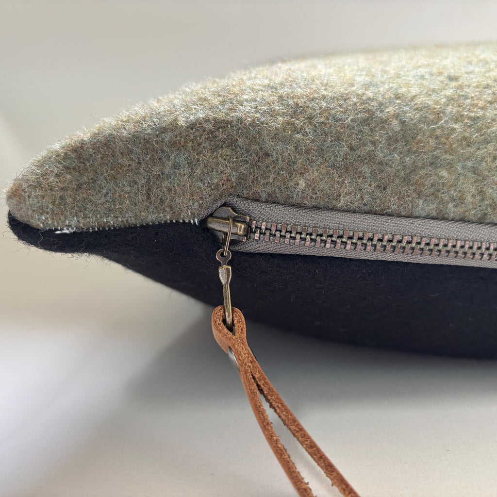 Green wool pillow: Green 18” Stripe, Leather Zipper Pull winter pillow housewarming gift