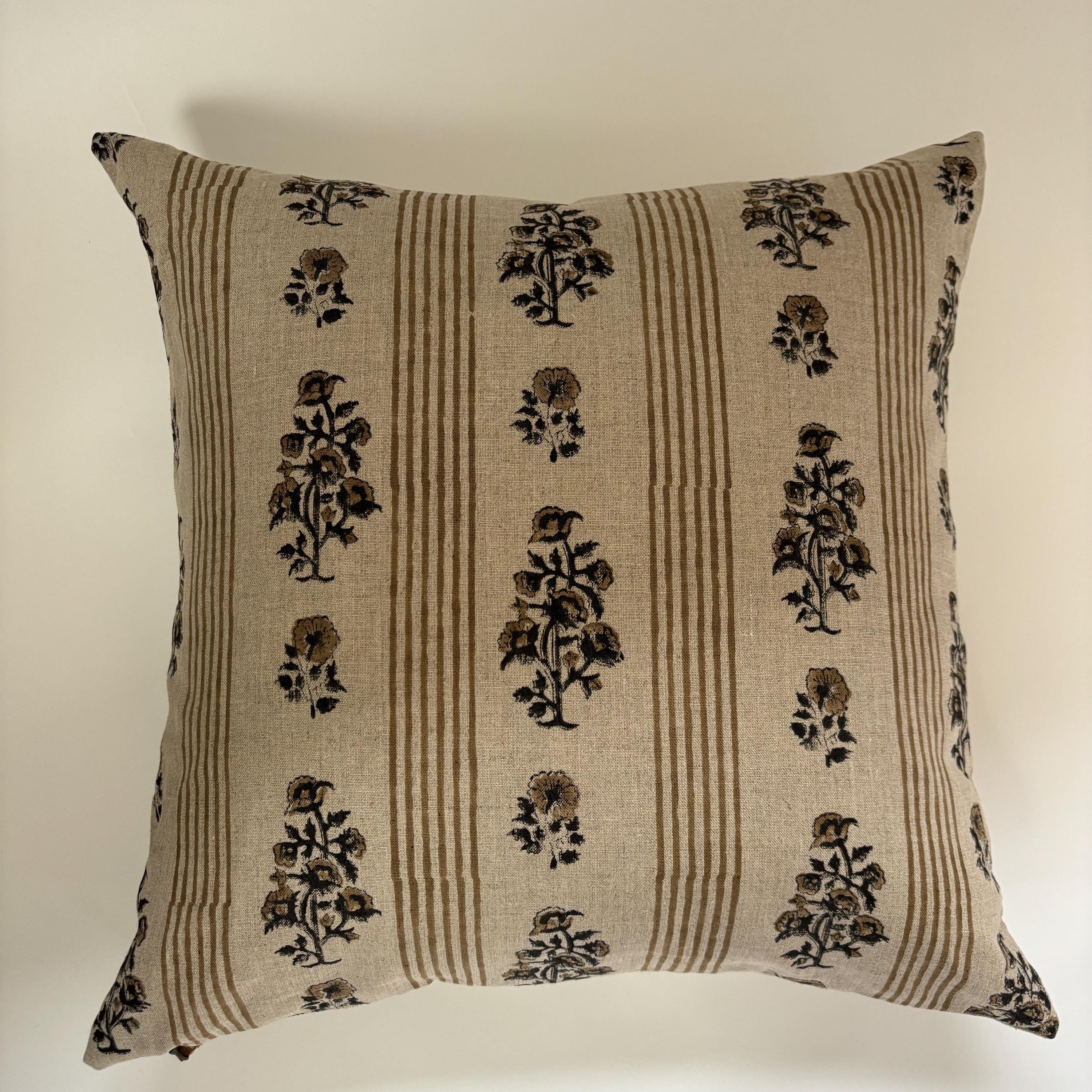 Tan Floral and striped Linen Pillow Cover: Exposed Zipper, Leather Pull