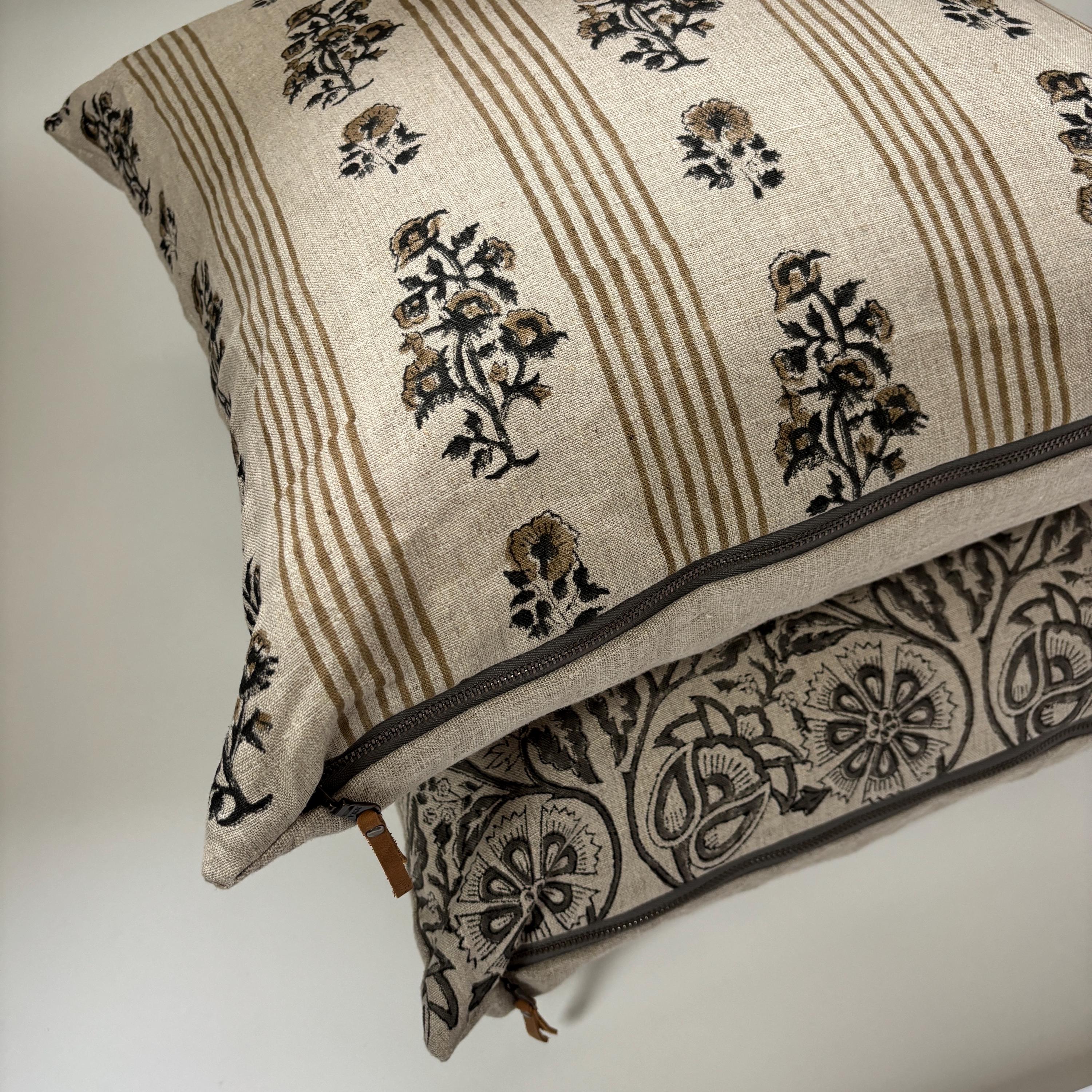 Tan Floral and striped Linen Pillow Cover: Exposed Zipper, Leather Pull
