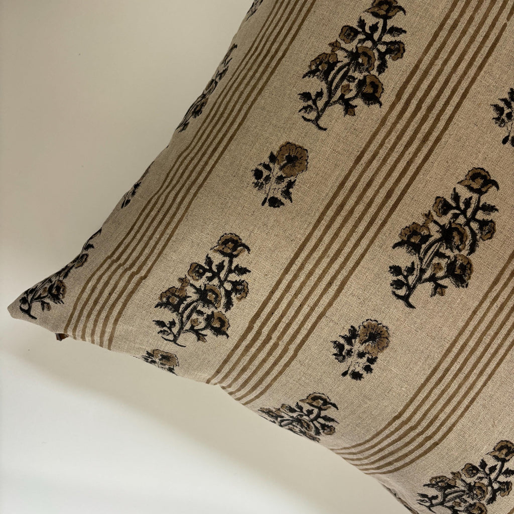 Tan Floral and striped Linen Pillow Cover: Exposed Zipper, Leather Pull