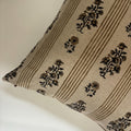 Tan Floral and striped Linen Pillow Cover: Exposed Zipper, Leather Pull