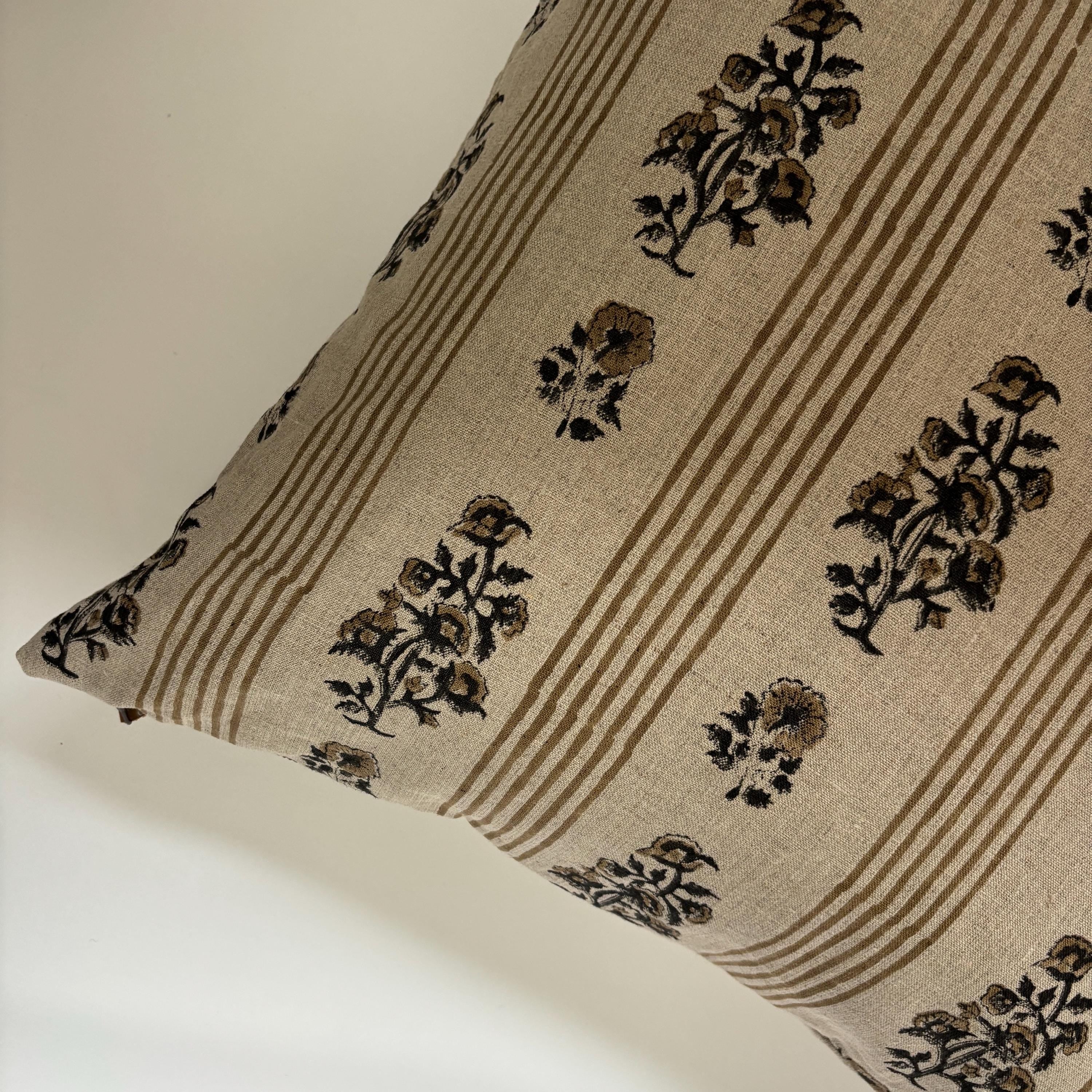 Tan Floral and striped Linen Pillow Cover: Exposed Zipper, Leather Pull