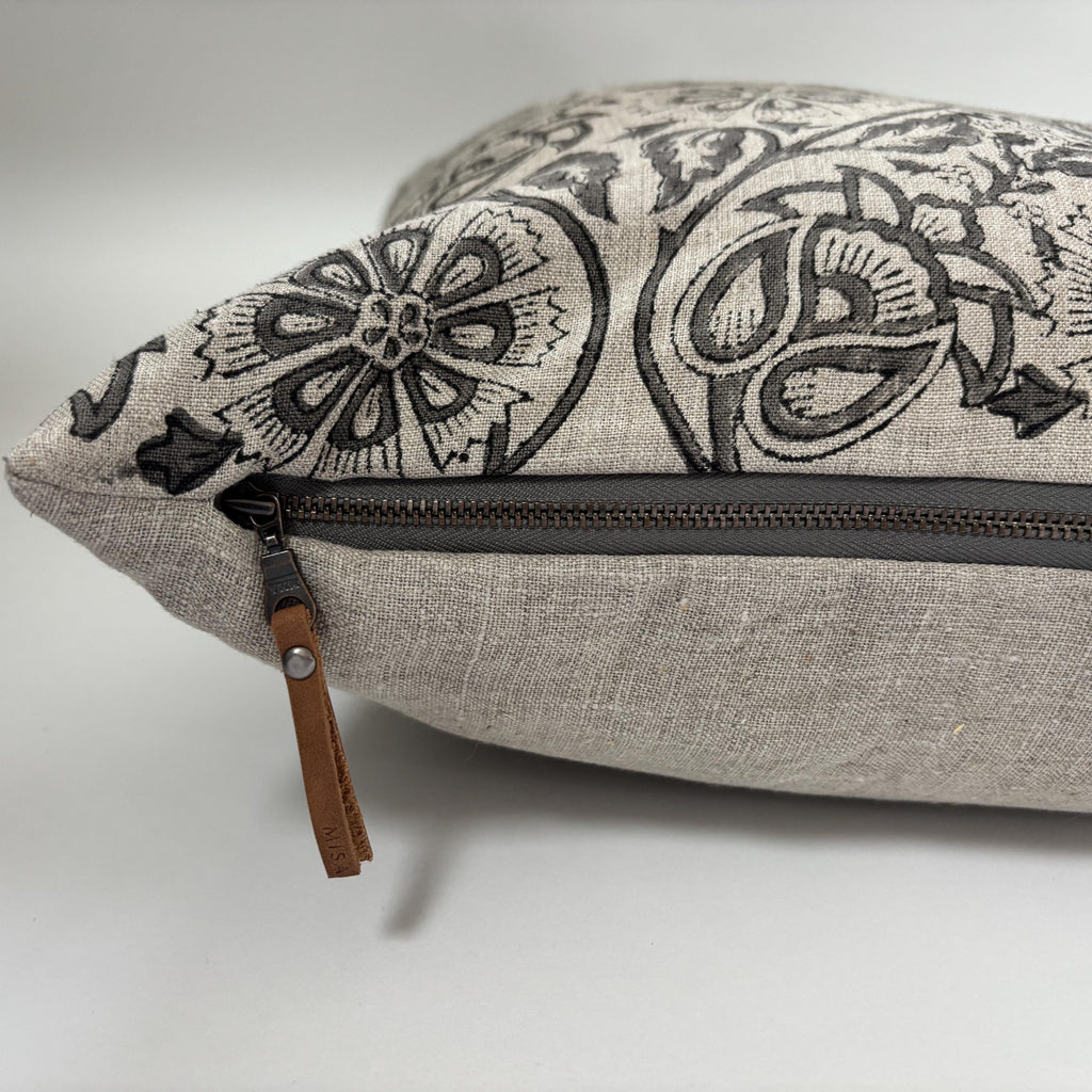 Gray floral paisley linen pillow cover exposed zipper-leather pull 14x24 20”22"24” high quality floral pillow 100% linen pillow