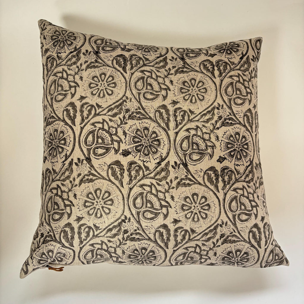 Gray floral paisley linen pillow cover exposed zipper-leather pull 14x24 20”22"24” high quality floral pillow 100% linen pillow