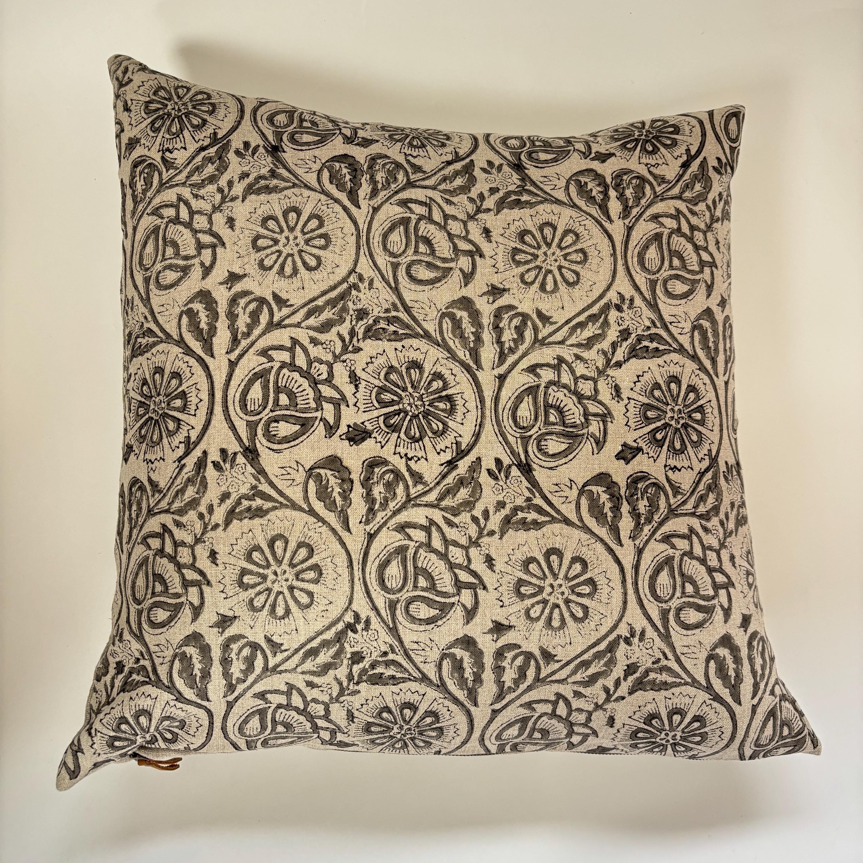 Gray floral paisley linen pillow cover exposed zipper-leather pull 14x24 20”22"24” high quality floral pillow 100% linen pillow