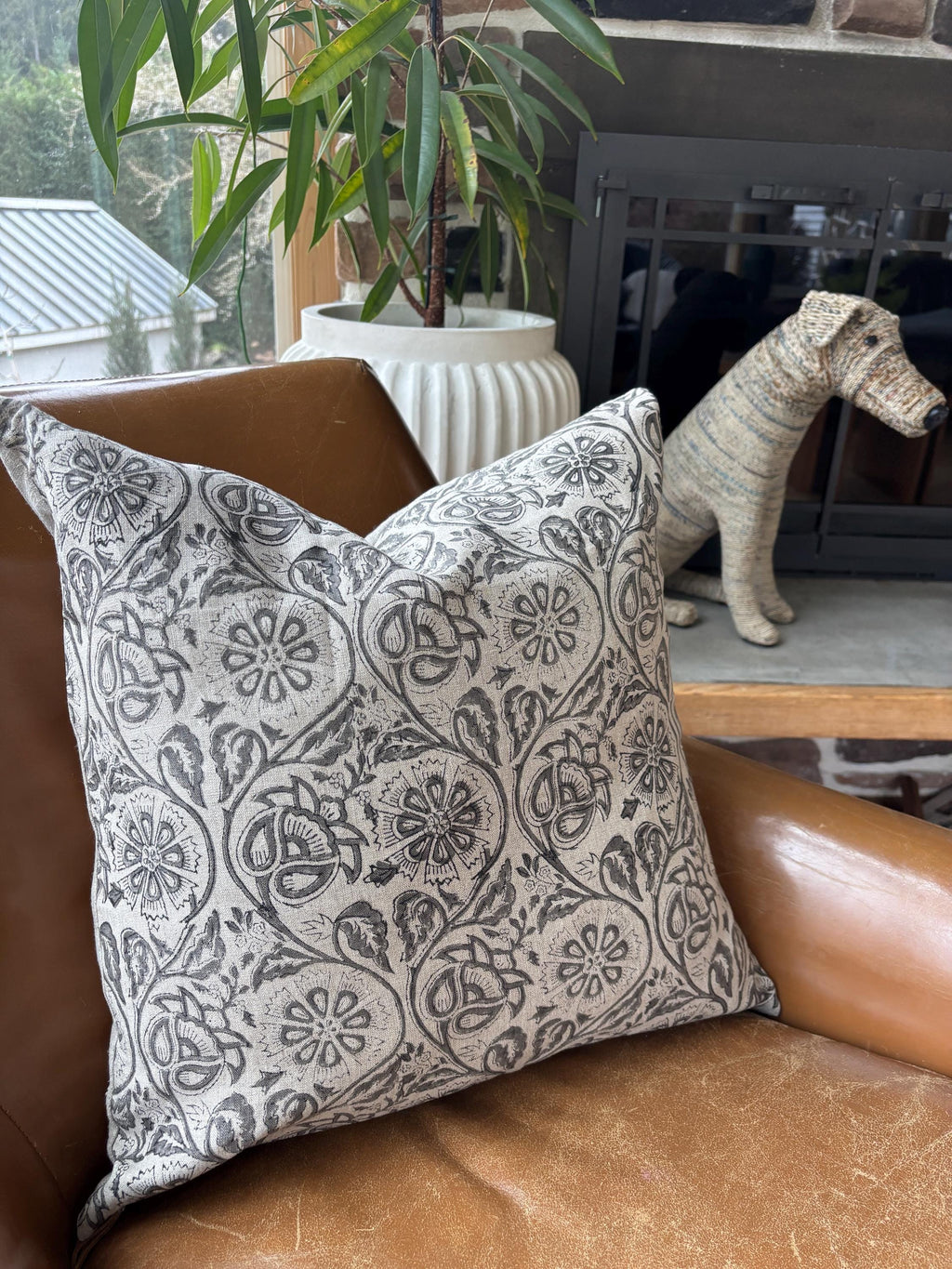 Gray floral paisley linen pillow cover exposed zipper-leather pull 14x24 20”22"24” high quality floral pillow 100% linen pillow