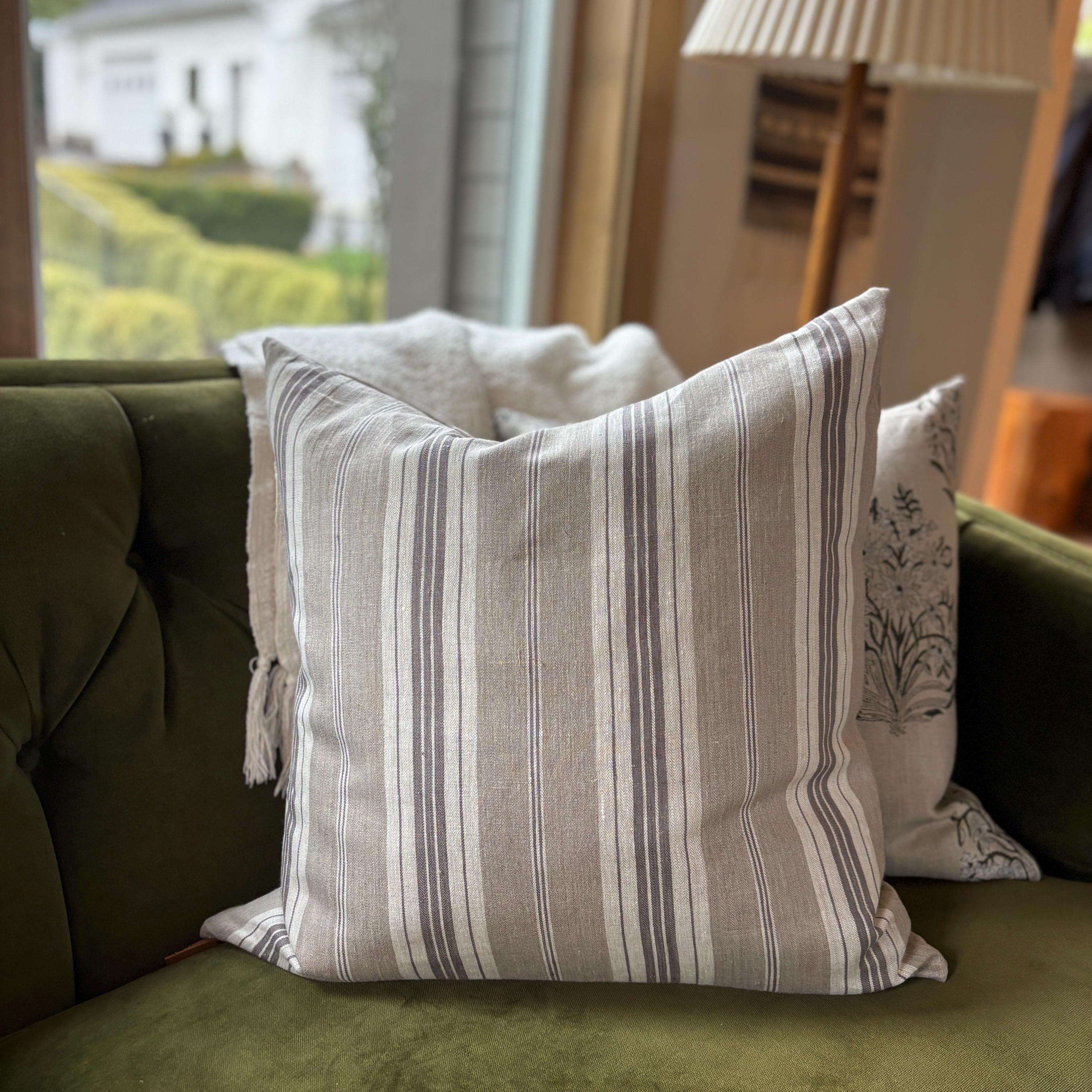 Striped Linen Pillow Cover: brown and tan with Leather Zipper Pull housewarming gift 18”20”22”24” 100 percent linen