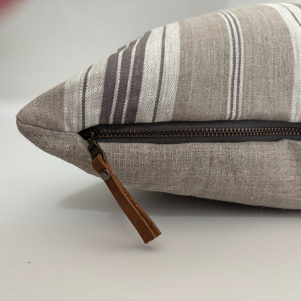 Striped Linen Pillow Cover: brown and tan with Leather Zipper Pull housewarming gift 18”20”22”24” 100 percent linen