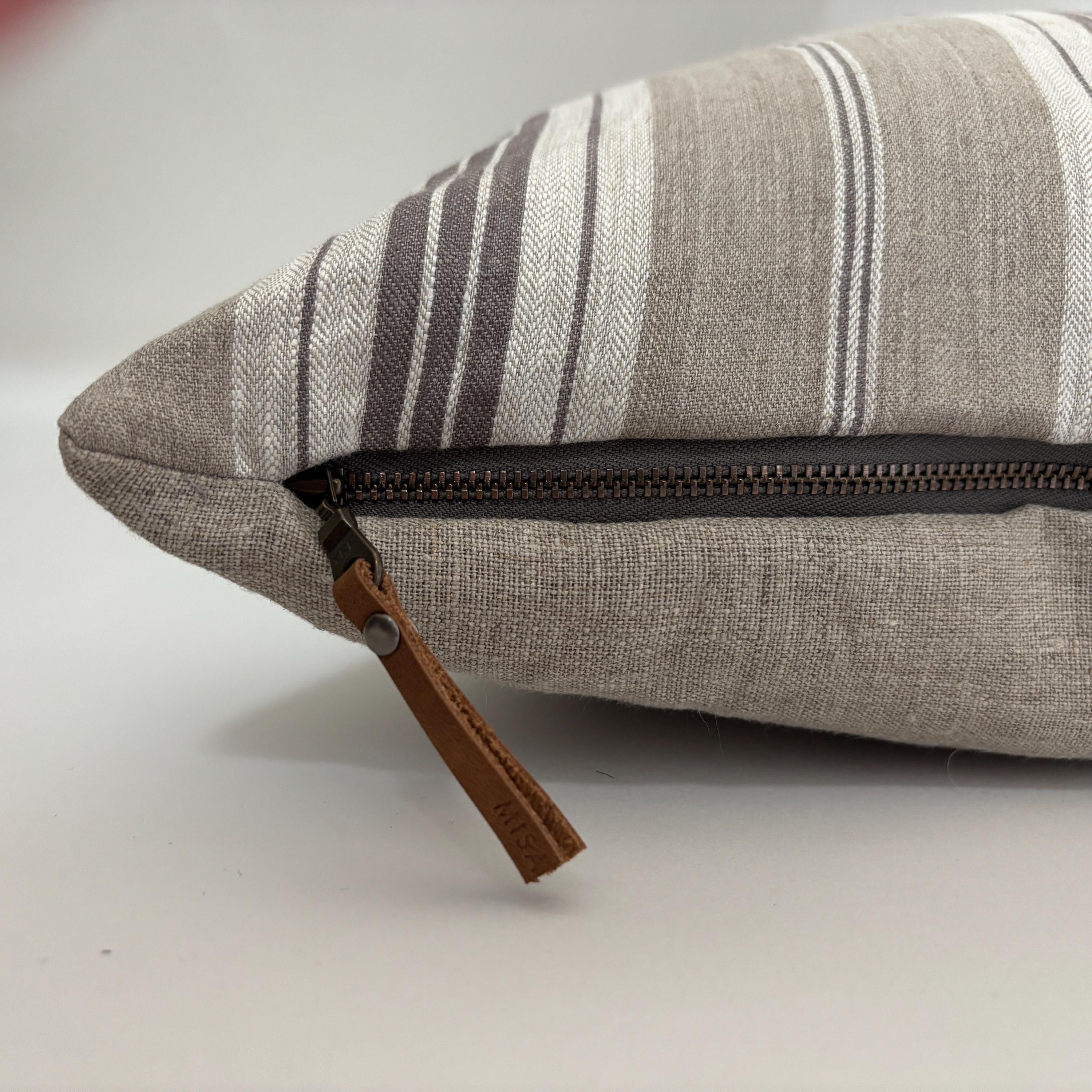 Striped Linen Pillow Cover: brown and tan with Leather Zipper Pull housewarming gift 18”20”22”24” 100 percent linen