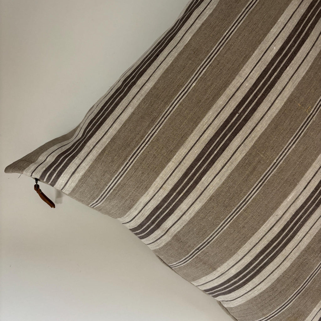 Striped Linen Pillow Cover: brown and tan with Leather Zipper Pull housewarming gift 18”20”22”24” 100 percent linen