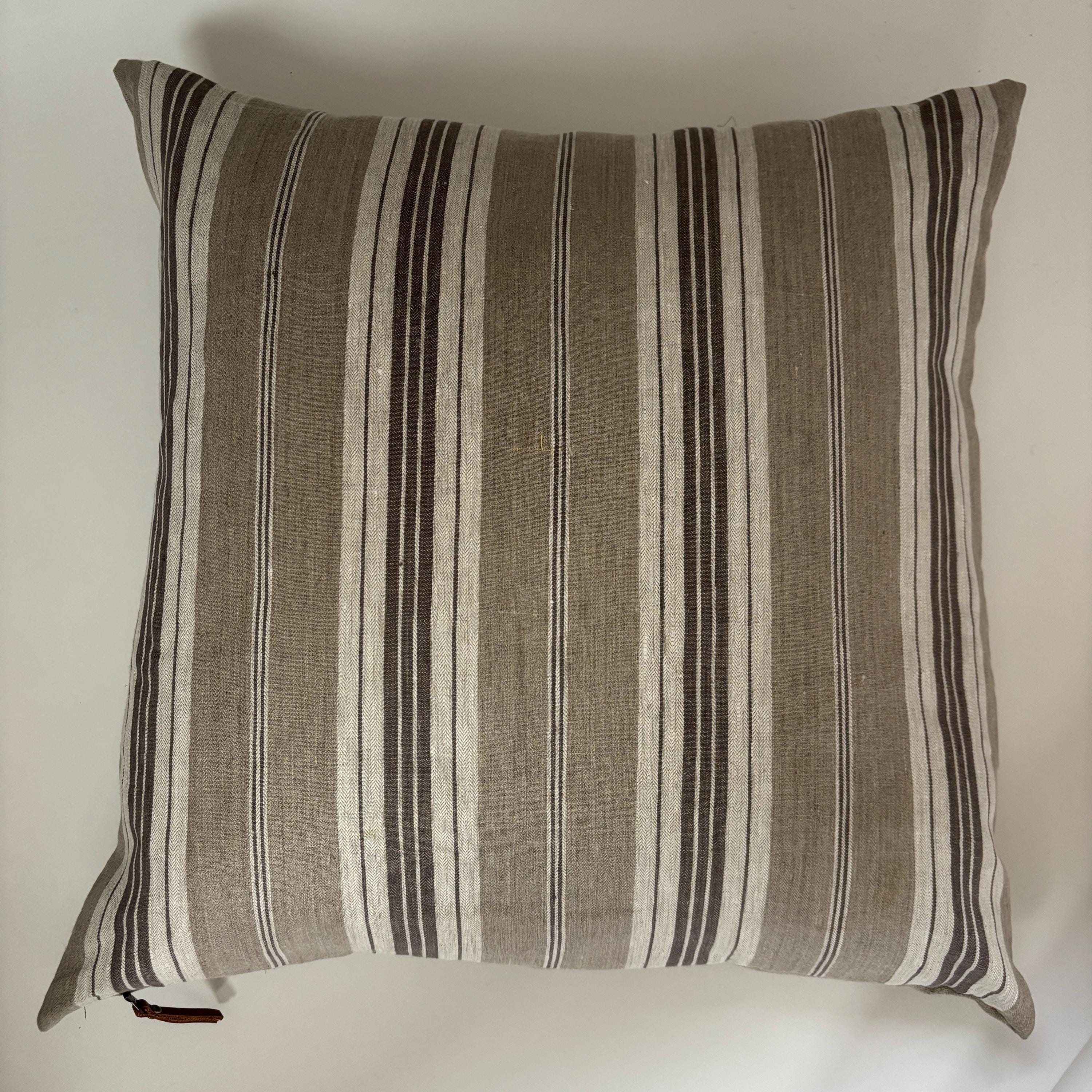 Striped Linen Pillow Cover: brown and tan with Leather Zipper Pull housewarming gift 18”20”22”24” 100 percent linen
