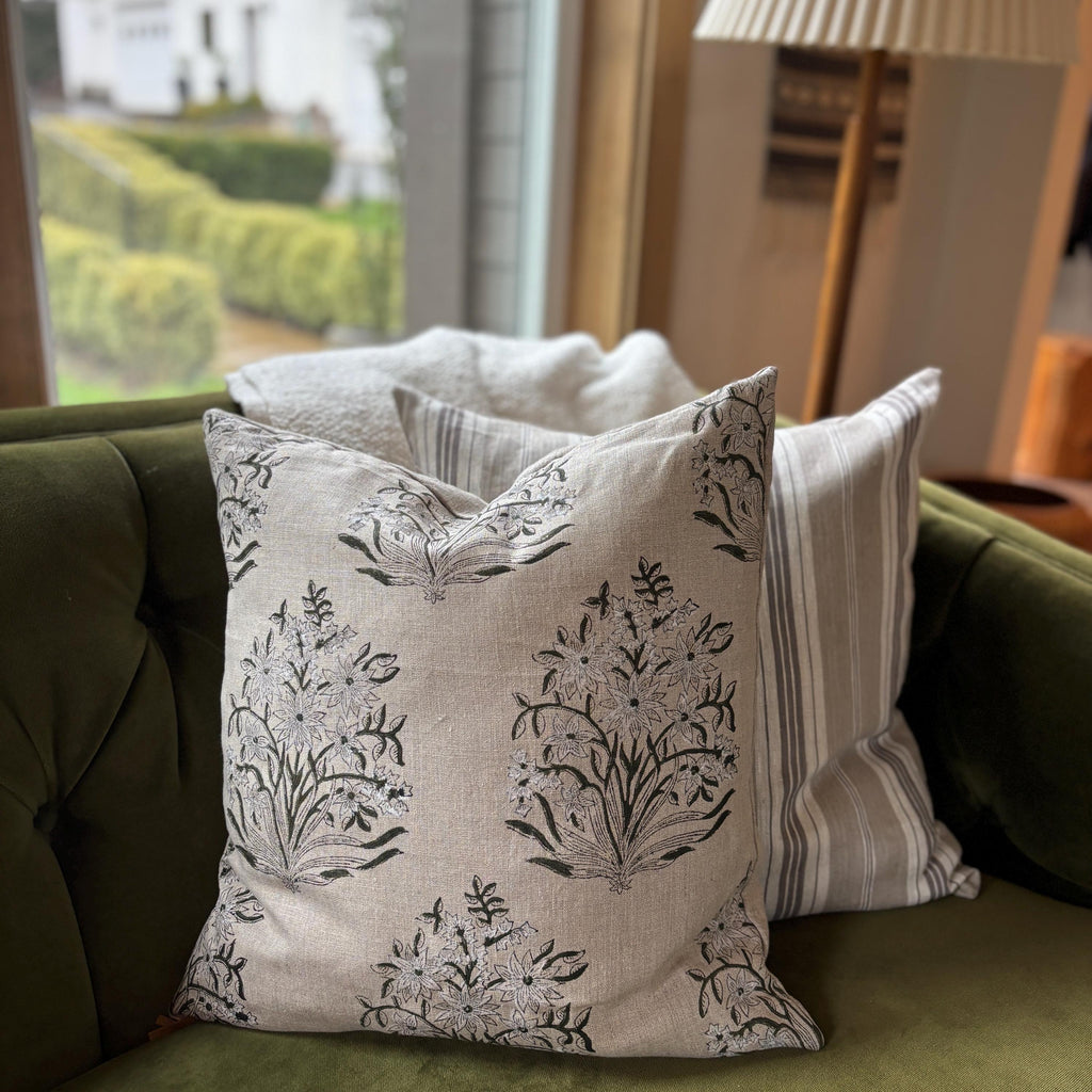 Green Floral Linen Pillow Cover: Exposed Zipper, Leather Pull hundred percent linen housewarming gift large print