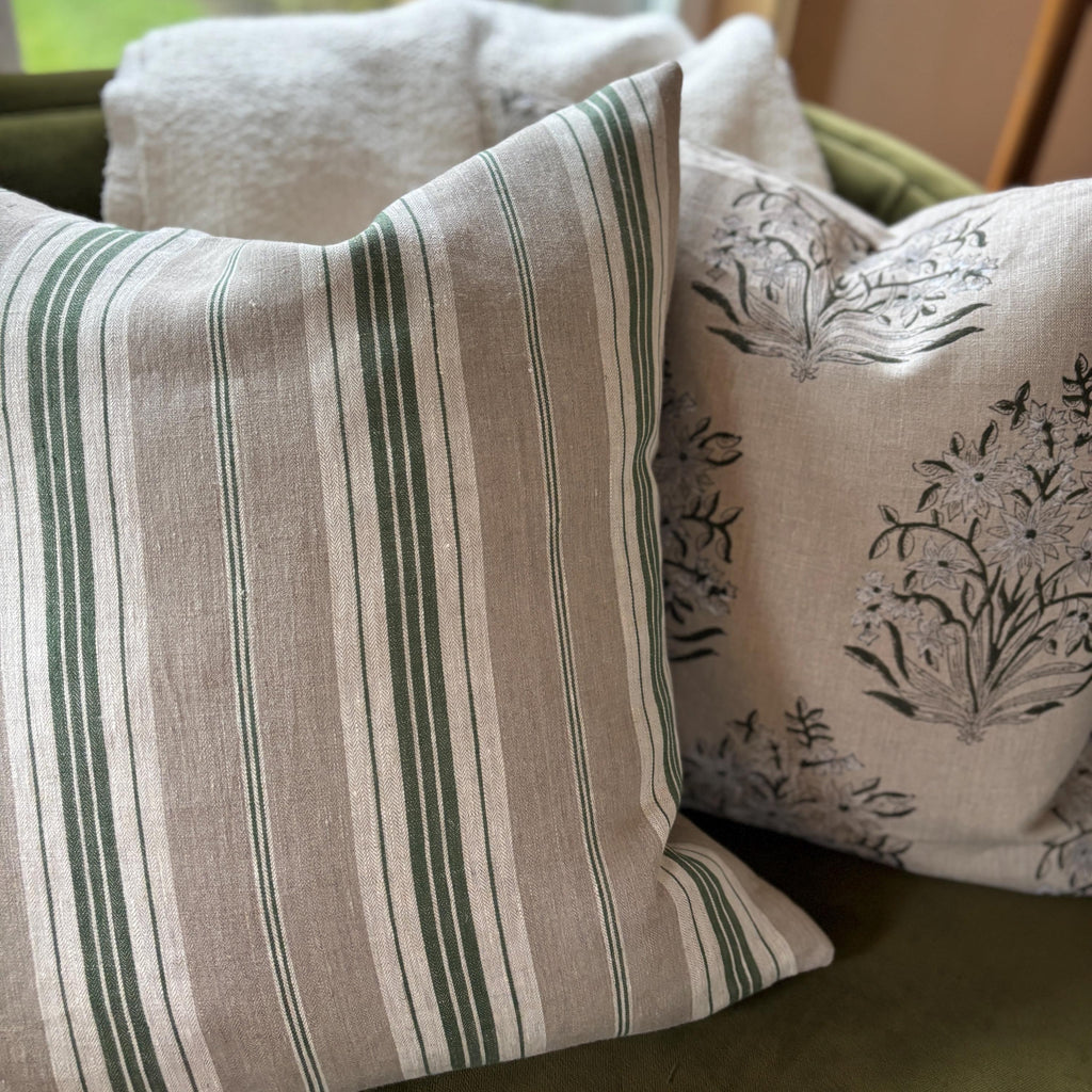 Green Floral Linen Pillow Cover: Exposed Zipper, Leather Pull hundred percent linen housewarming gift large print