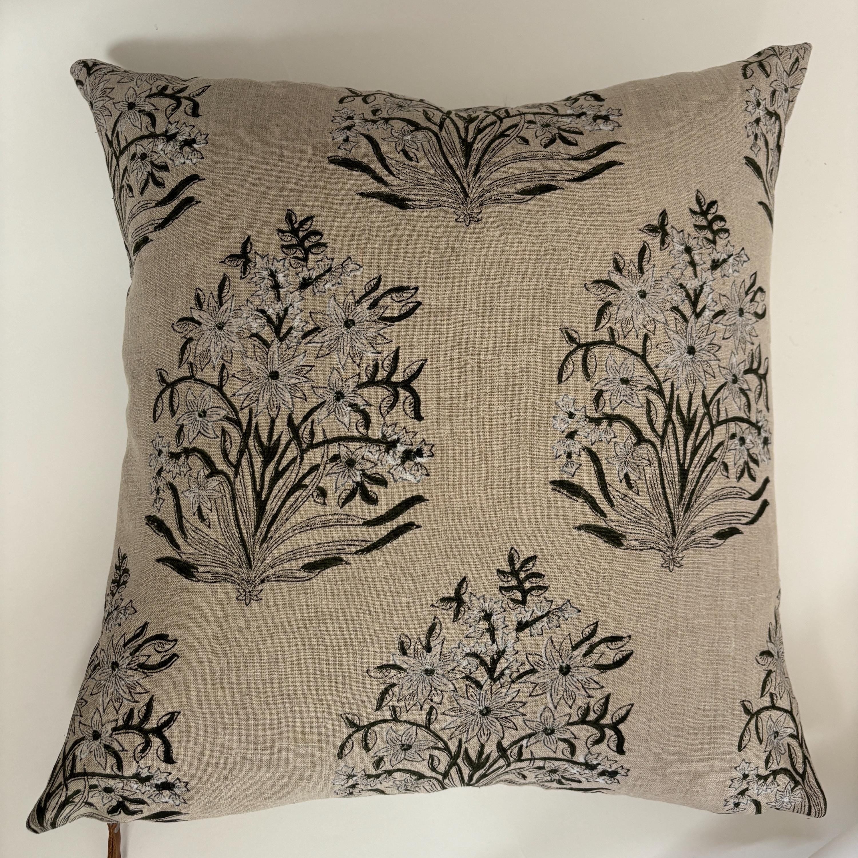 Green Floral Linen Pillow Cover: Exposed Zipper, Leather Pull hundred percent linen housewarming gift large print