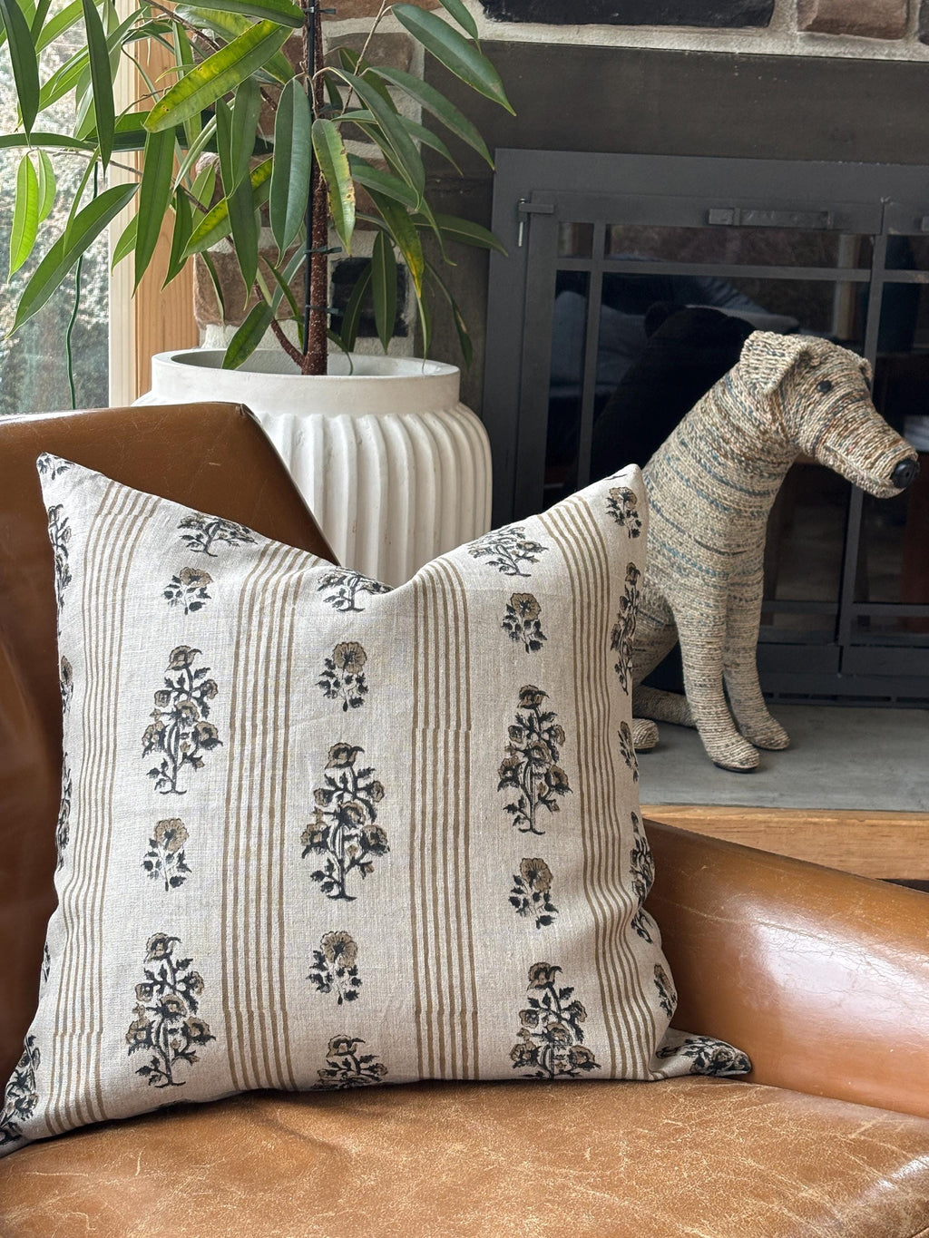 Tan Floral and striped Linen Pillow Cover: Exposed Zipper, Leather Pull