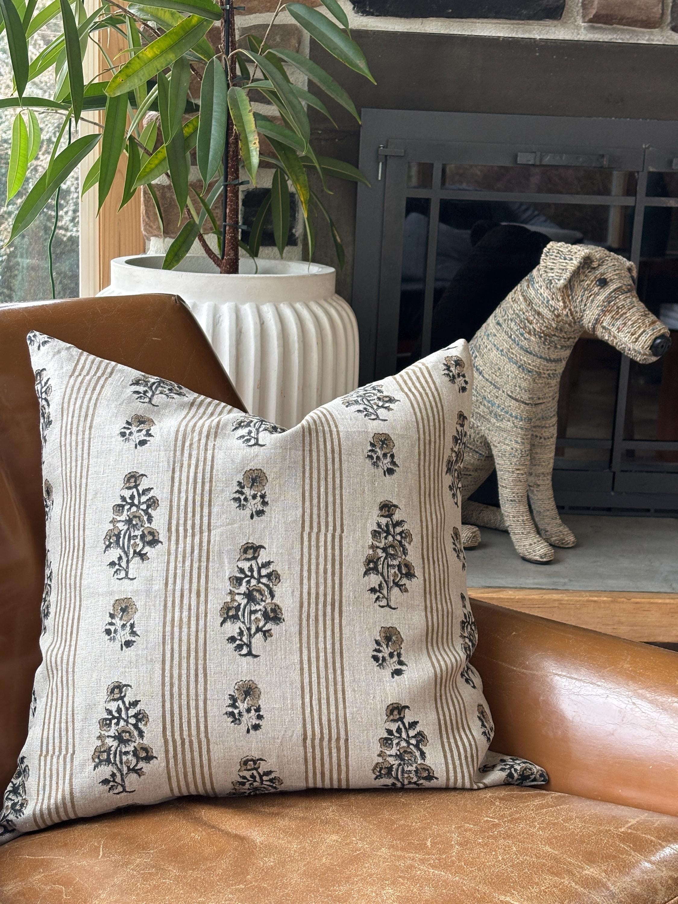 Tan Floral and striped Linen Pillow Cover: Exposed Zipper, Leather Pull