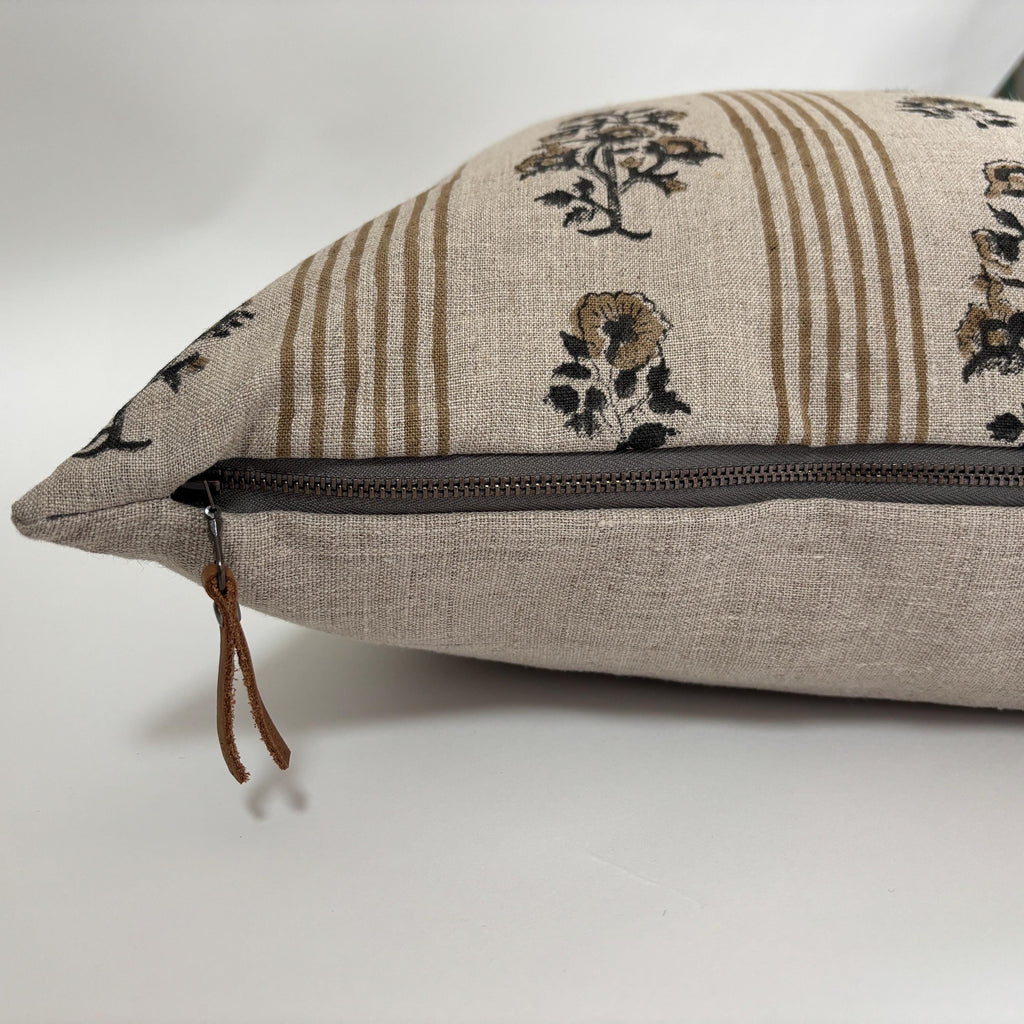 Tan Floral and striped Linen Pillow Cover: Exposed Zipper, Leather Pull
