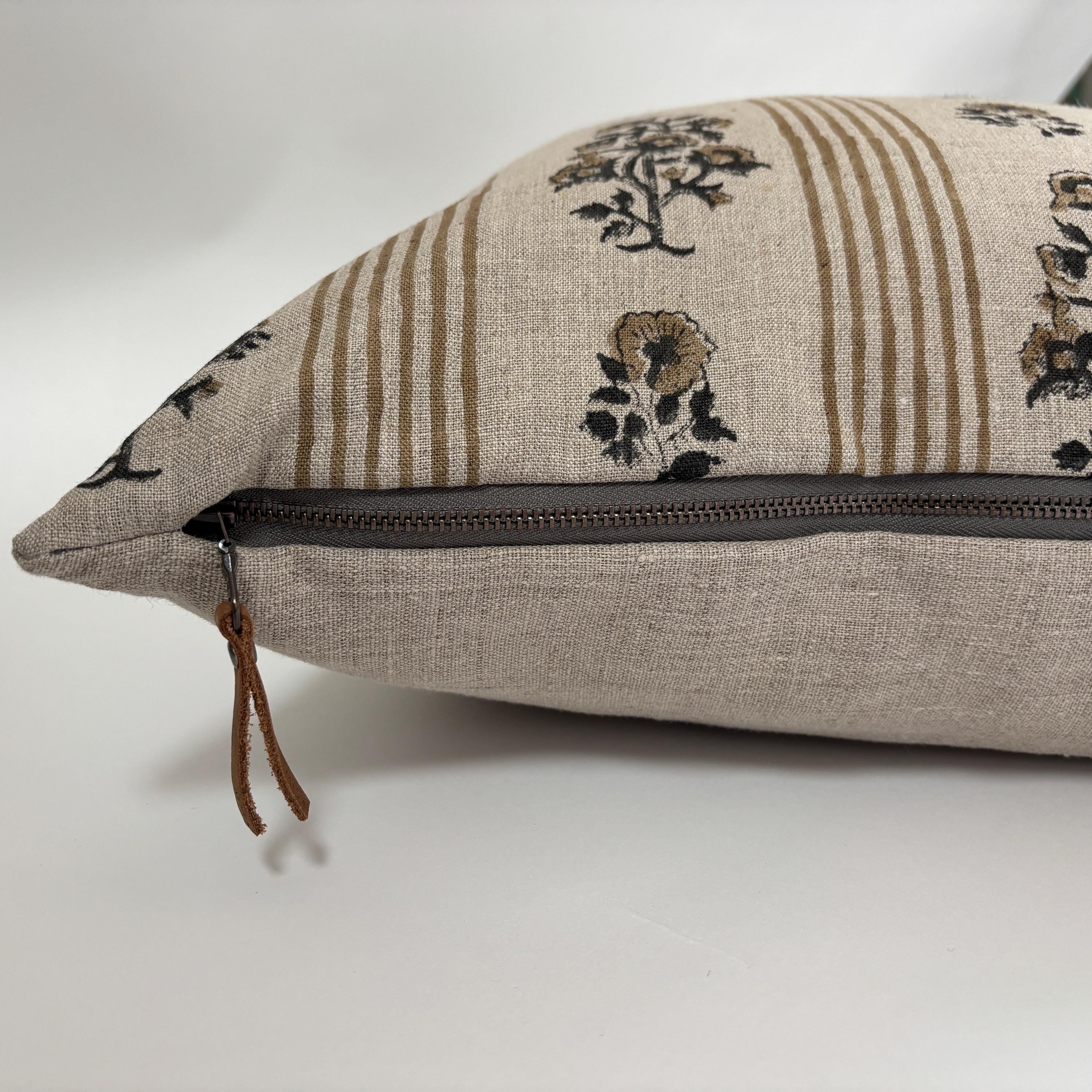 Tan Floral and striped Linen Pillow Cover: Exposed Zipper, Leather Pull
