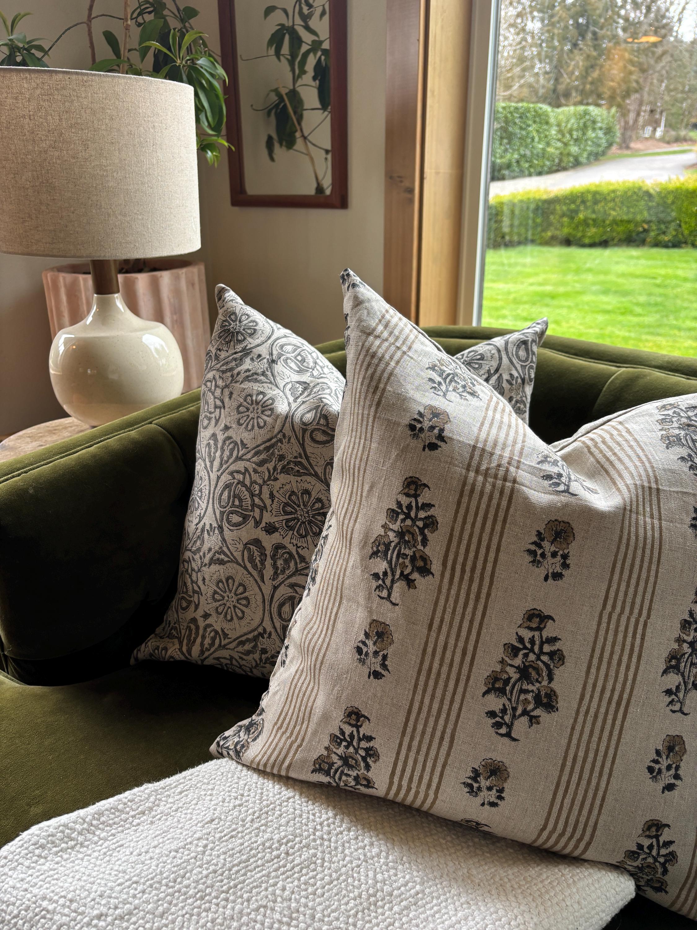 Tan Floral and striped Linen Pillow Cover: Exposed Zipper, Leather Pull