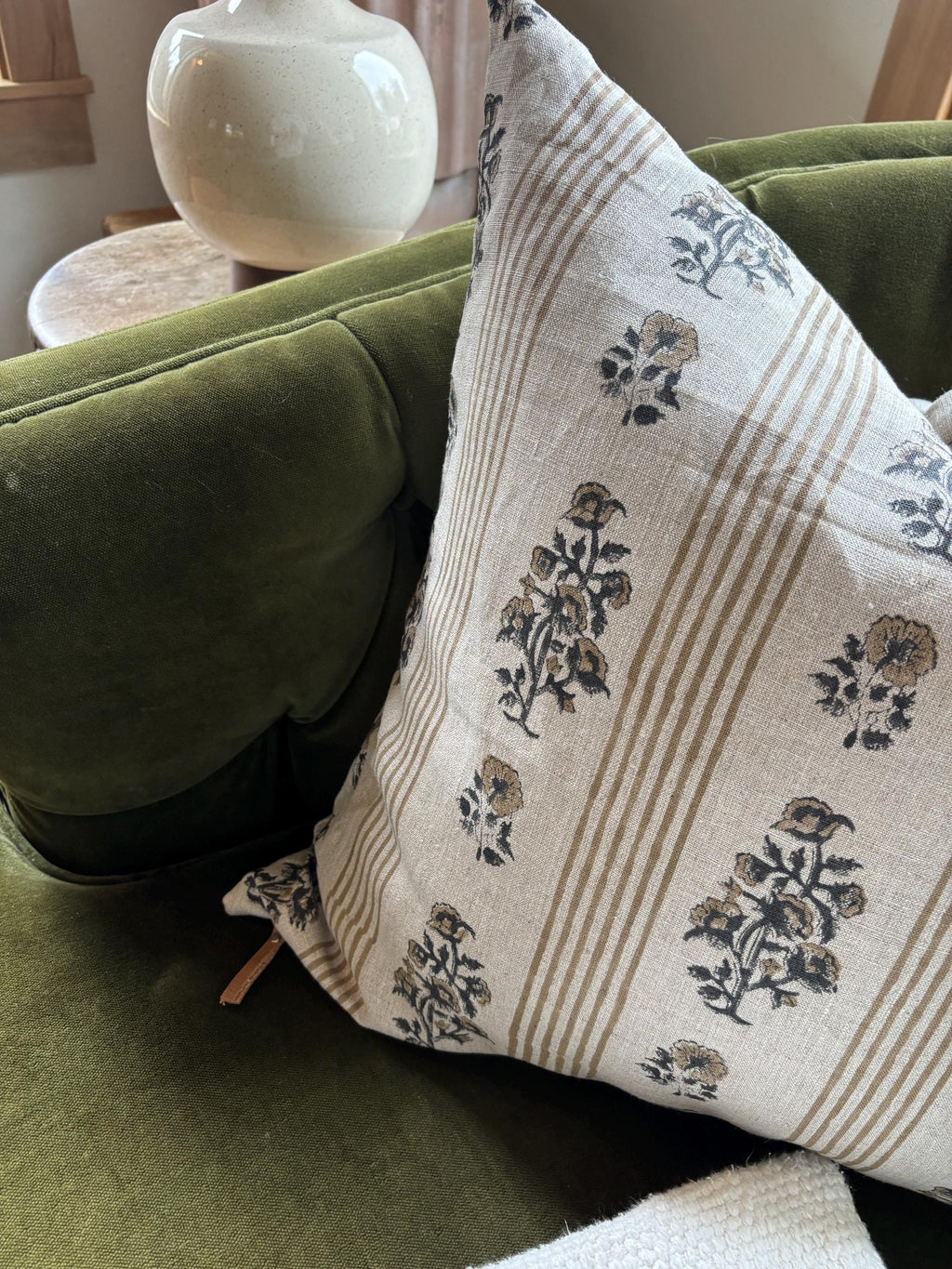 Tan Floral and striped Linen Pillow Cover: Exposed Zipper, Leather Pull