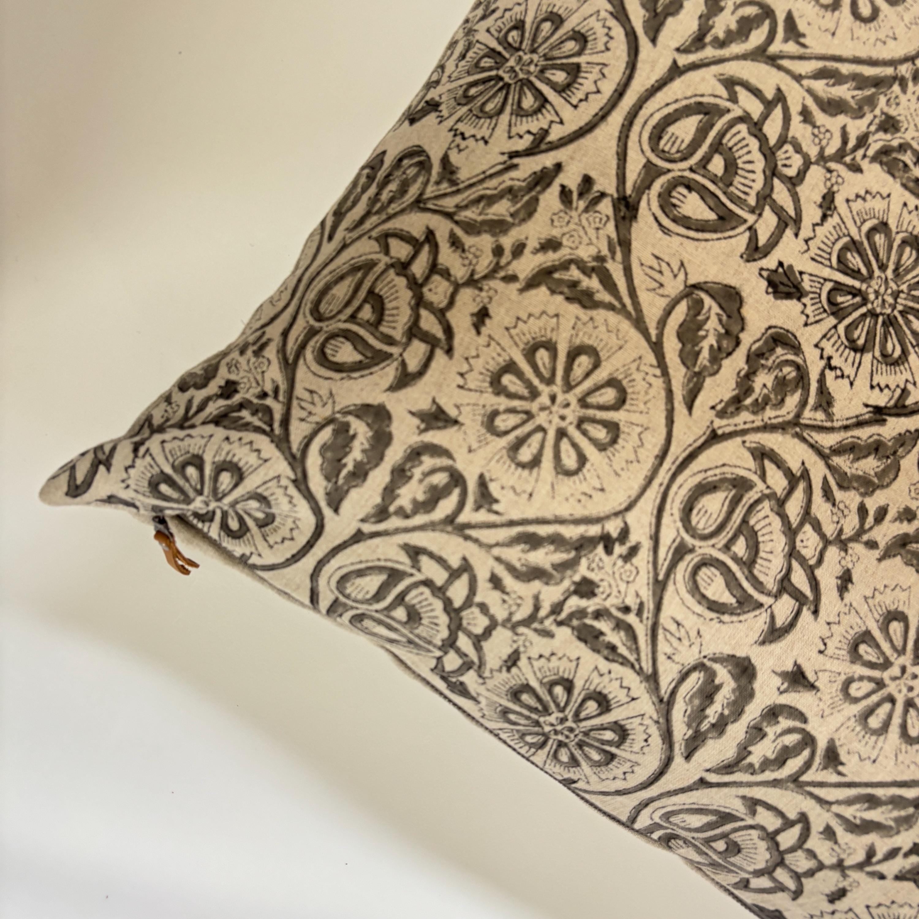 Gray floral paisley linen pillow cover exposed zipper-leather pull 14x24 20”22"24” high quality floral pillow 100% linen pillow