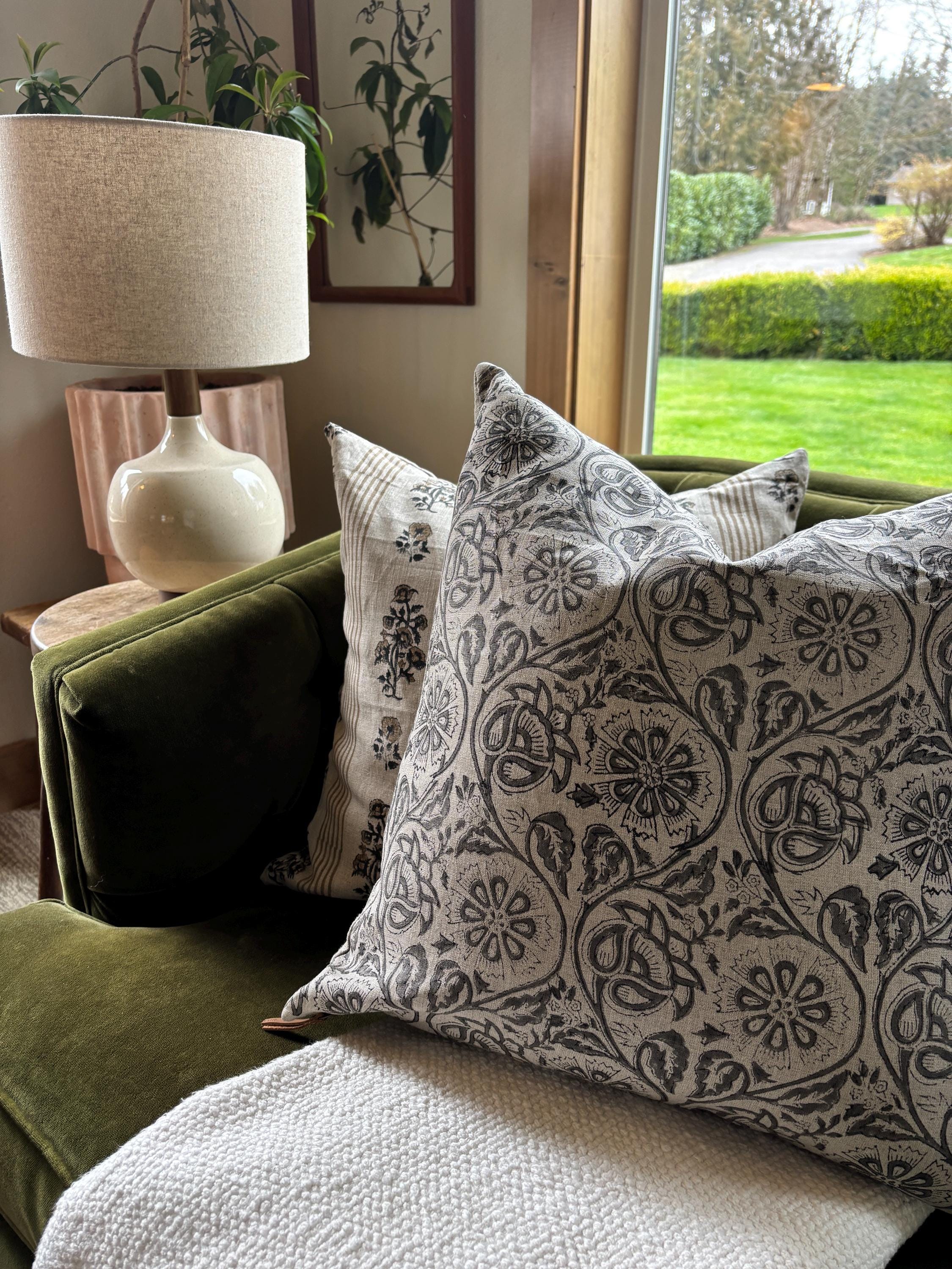 Gray floral paisley linen pillow cover exposed zipper-leather pull 14x24 20”22"24” high quality floral pillow 100% linen pillow