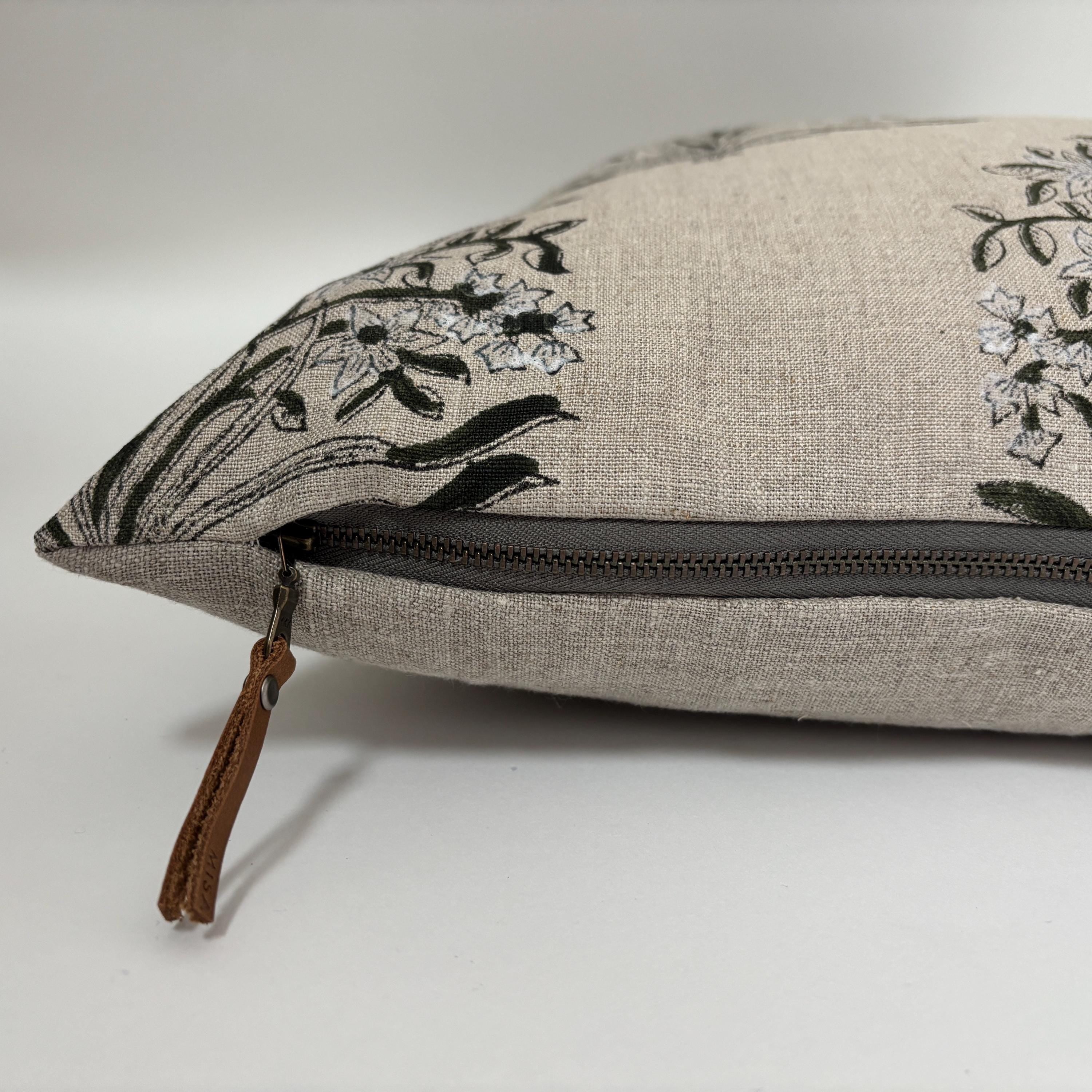 Green Floral Linen Pillow Cover: Exposed Zipper, Leather Pull hundred percent linen housewarming gift large print