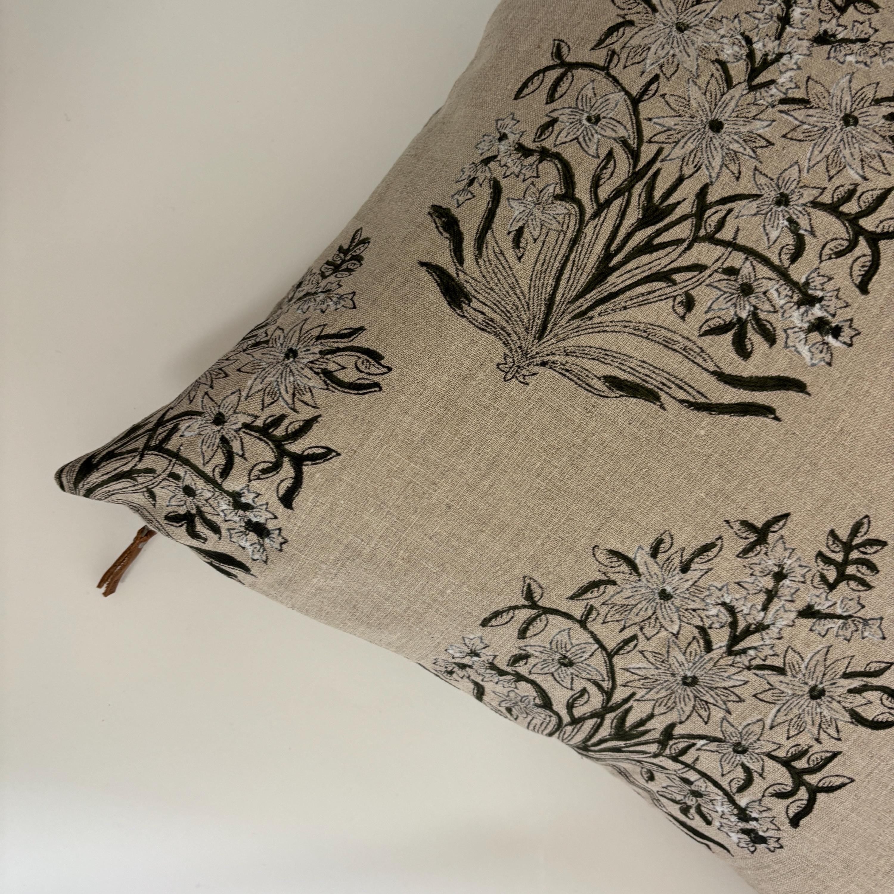 Green Floral Linen Pillow Cover: Exposed Zipper, Leather Pull hundred percent linen housewarming gift large print