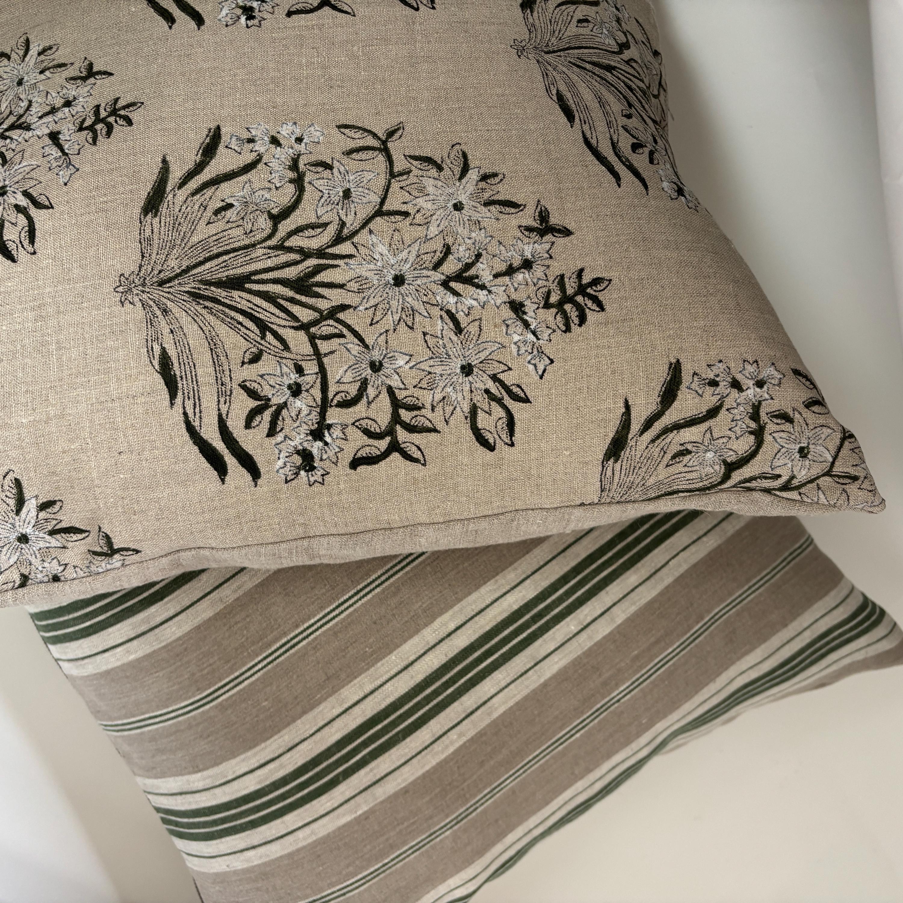 Green Floral Linen Pillow Cover: Exposed Zipper, Leather Pull hundred percent linen housewarming gift large print