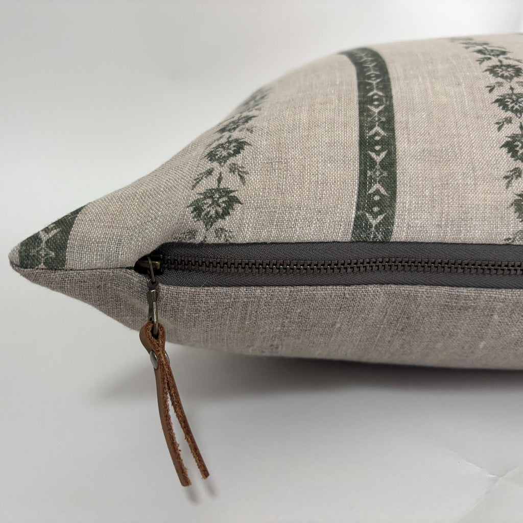 Green Floral striped Linen Pillow Cover: Exposed Zipper, Leather Pull hundred percent linen housewarming gift