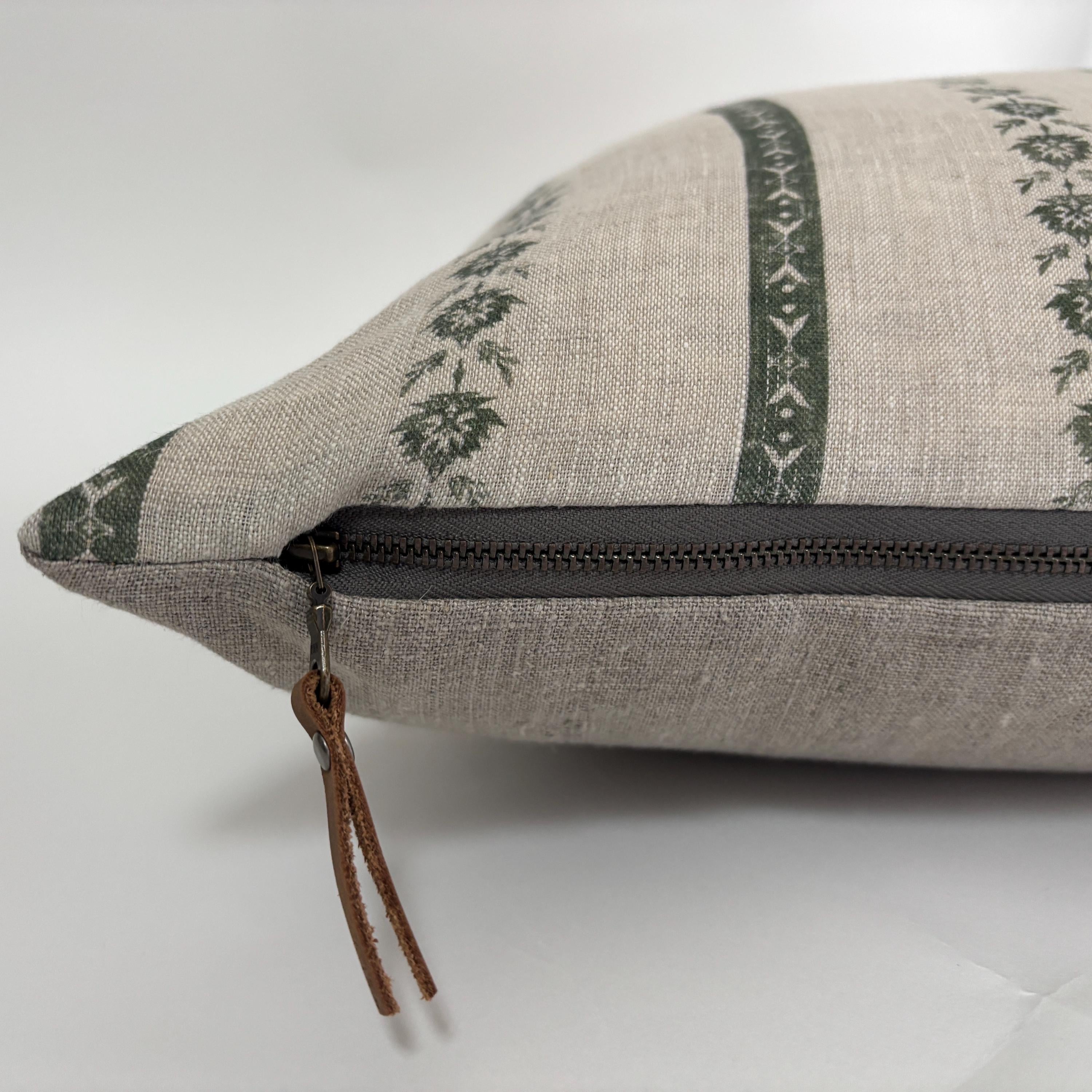 Green Floral striped Linen Pillow Cover: Exposed Zipper, Leather Pull hundred percent linen housewarming gift