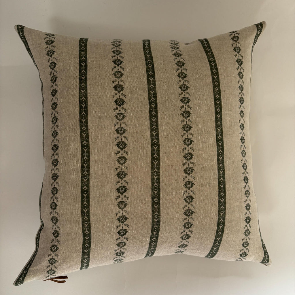 Green Floral striped Linen Pillow Cover: Exposed Zipper, Leather Pull hundred percent linen housewarming gift