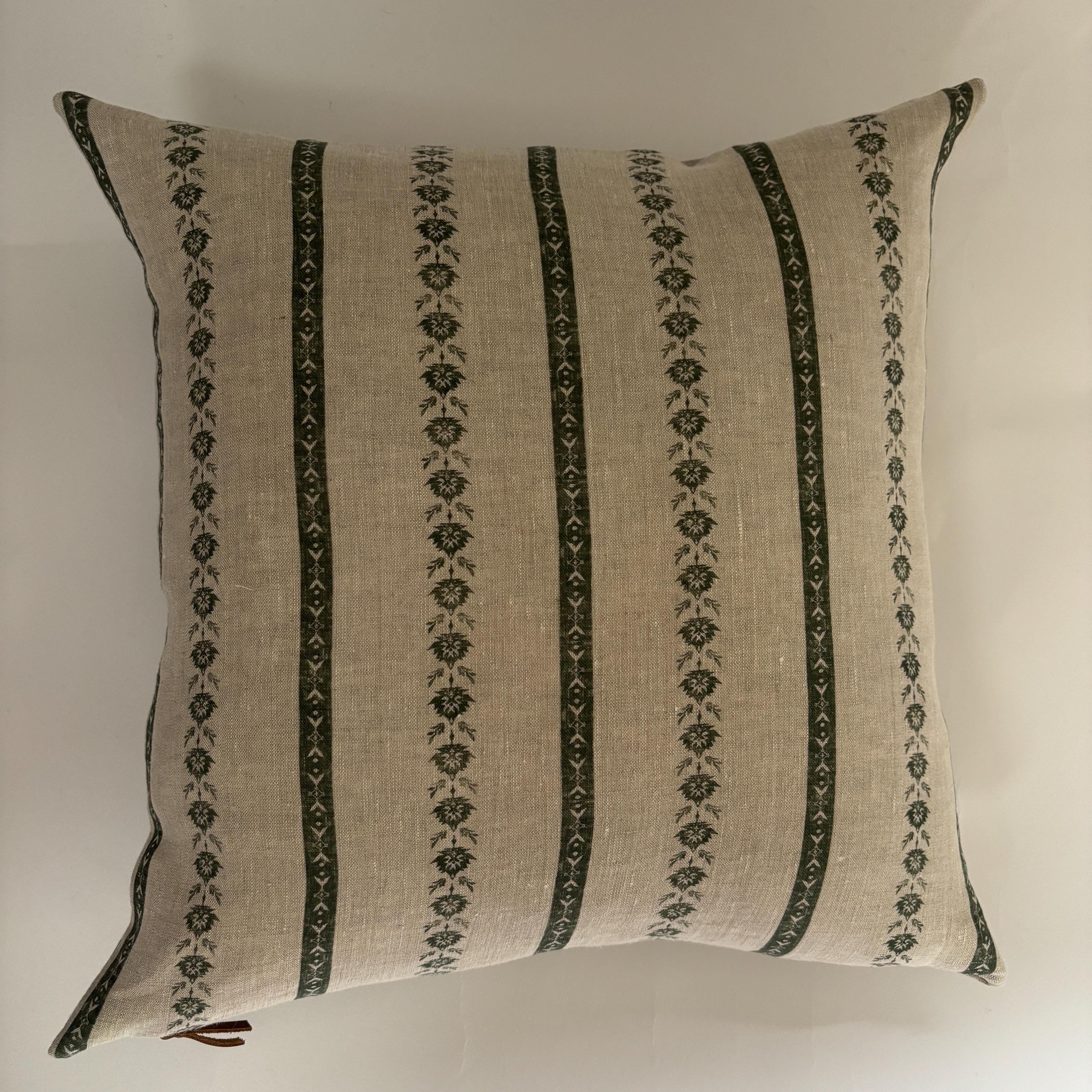 Green Floral striped Linen Pillow Cover: Exposed Zipper, Leather Pull hundred percent linen housewarming gift