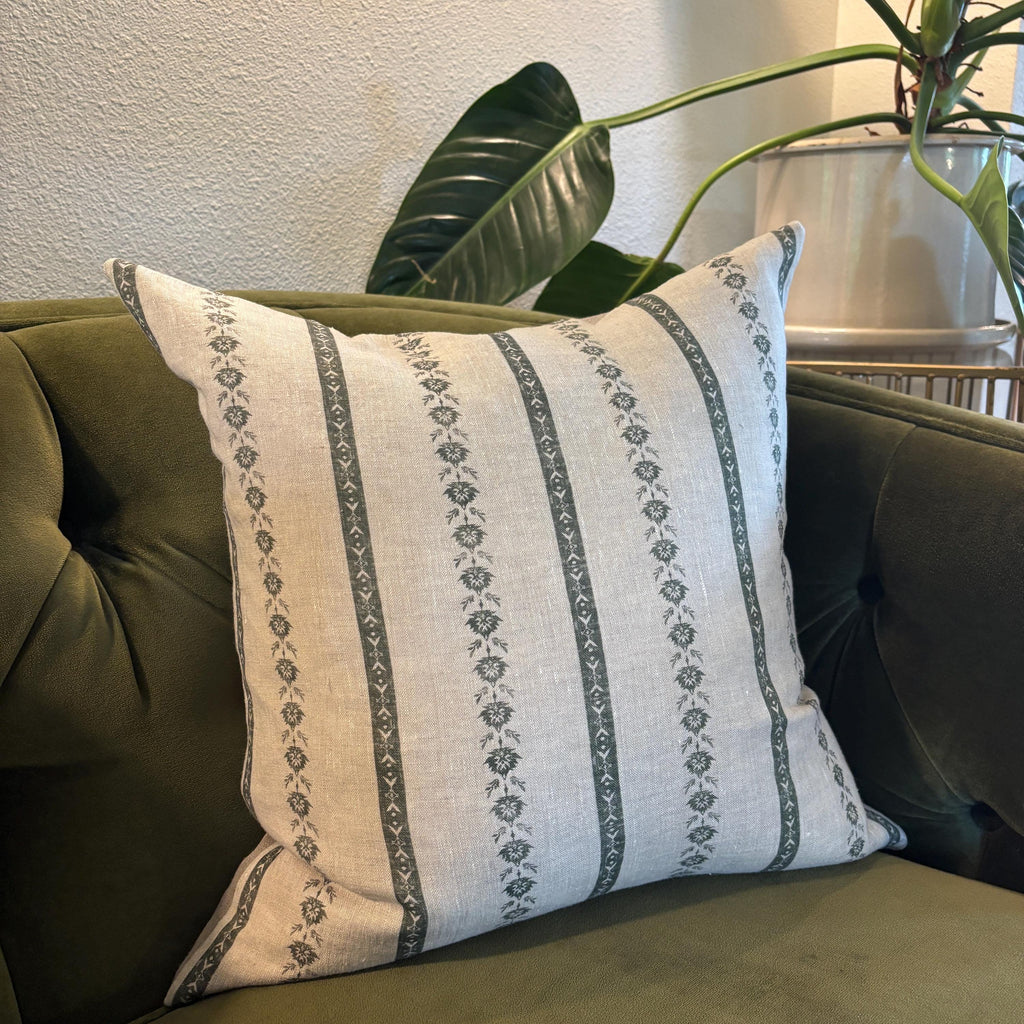 Green Floral striped Linen Pillow Cover: Exposed Zipper, Leather Pull hundred percent linen housewarming gift